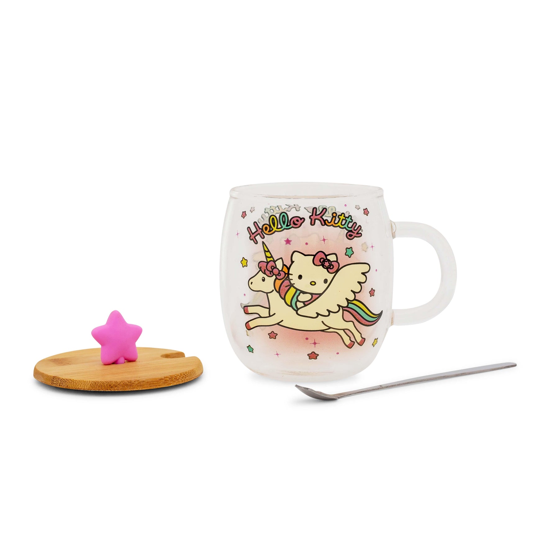 Sanrio Hello Kitty Glass Mug With Star-Topper Lid and Spoon | Holds 17 Ounces