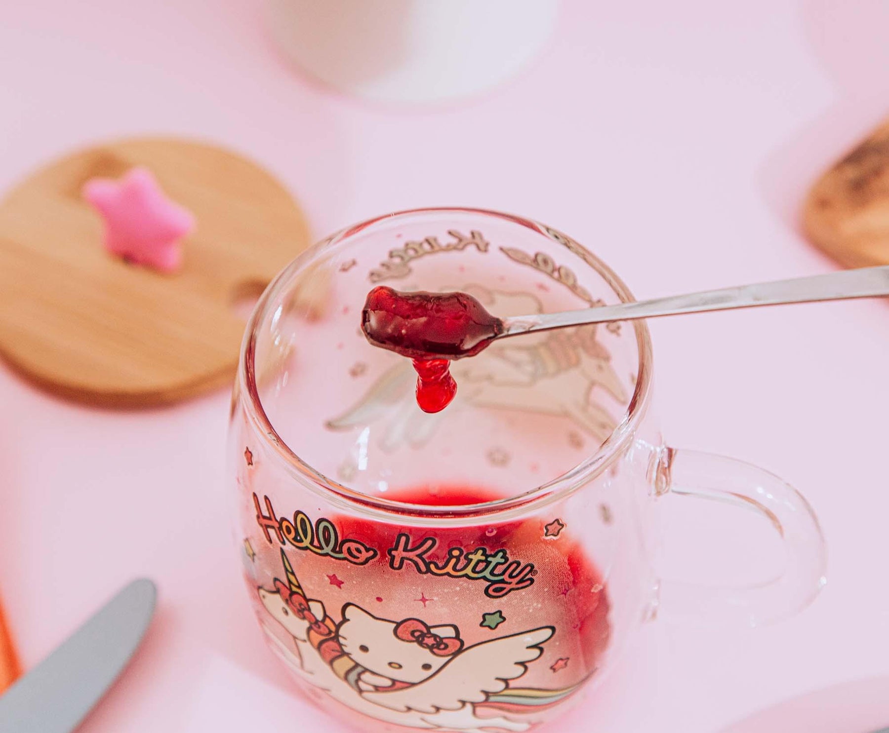 Sanrio Hello Kitty Glass Mug With Star-Topper Lid and Spoon | Holds 17 Ounces