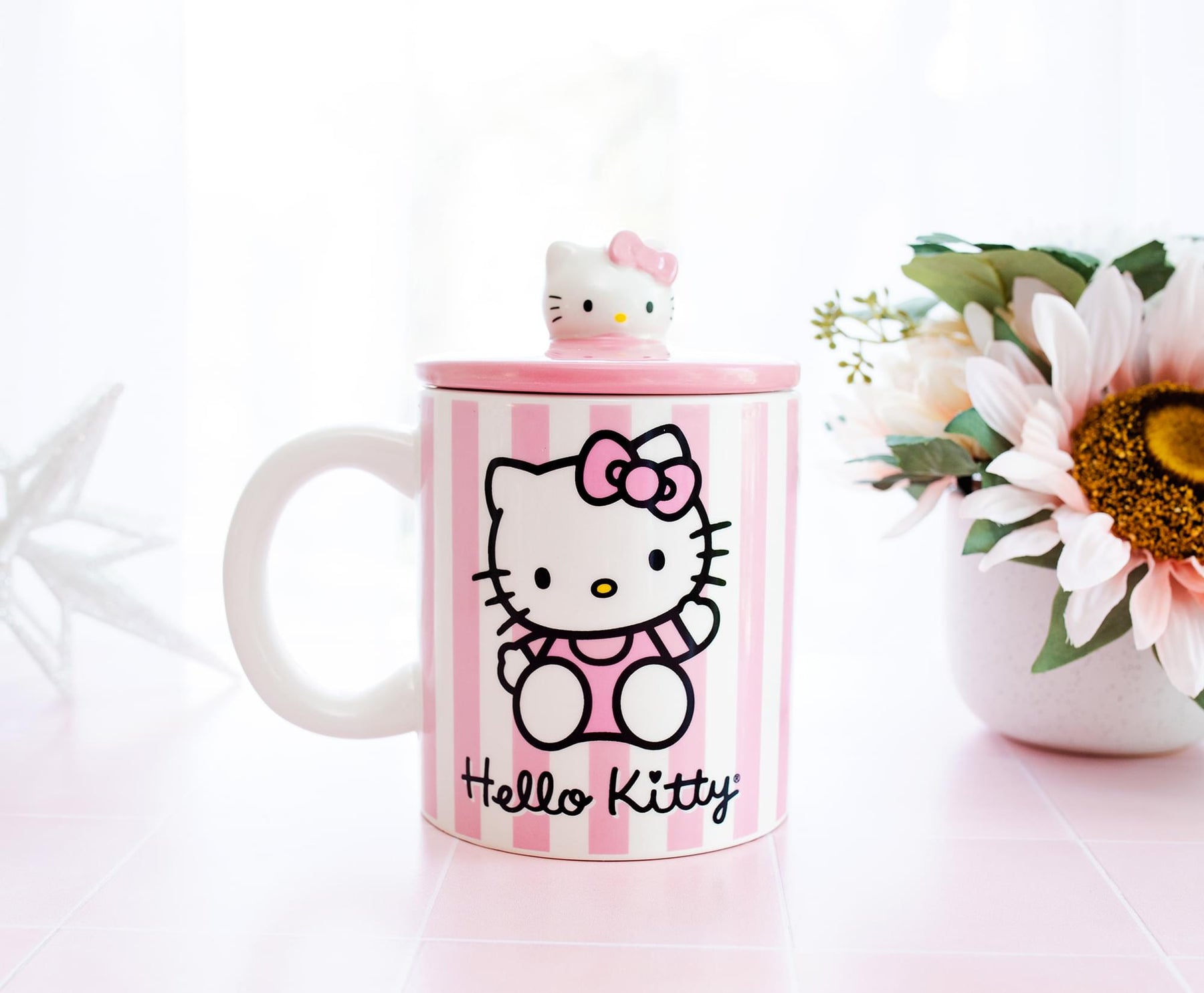 Sanrio Hello Kitty Pink Stripes Ceramic Mug With Lid | Holds 18 Ounces