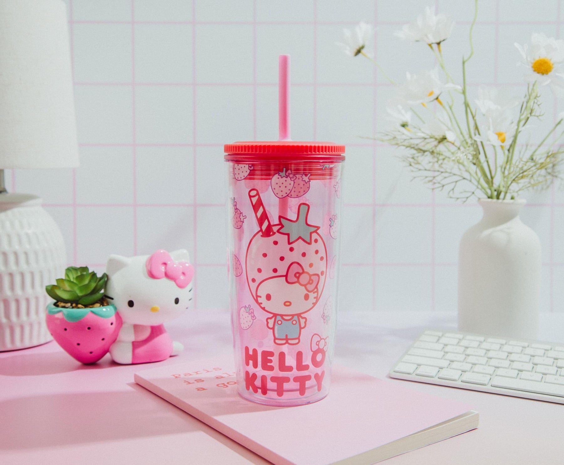 Sanrio Hello Kitty Strawberries Plastic Tumbler With Lid and Straw | 20 Ounces