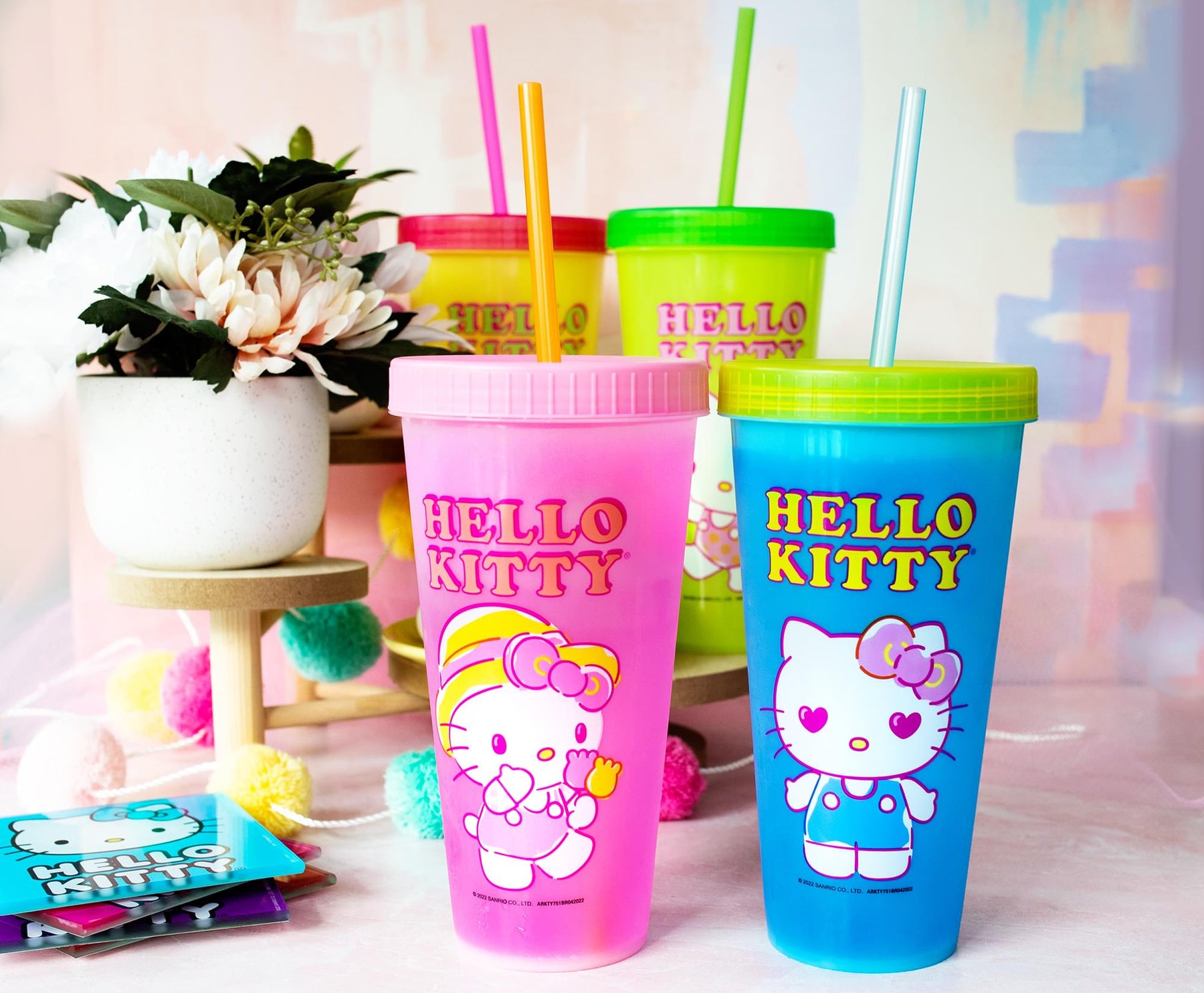 Sanrio Hello Kitty Garden Doodle Color-Changing Plastic Tumbler Cups | Set of 4