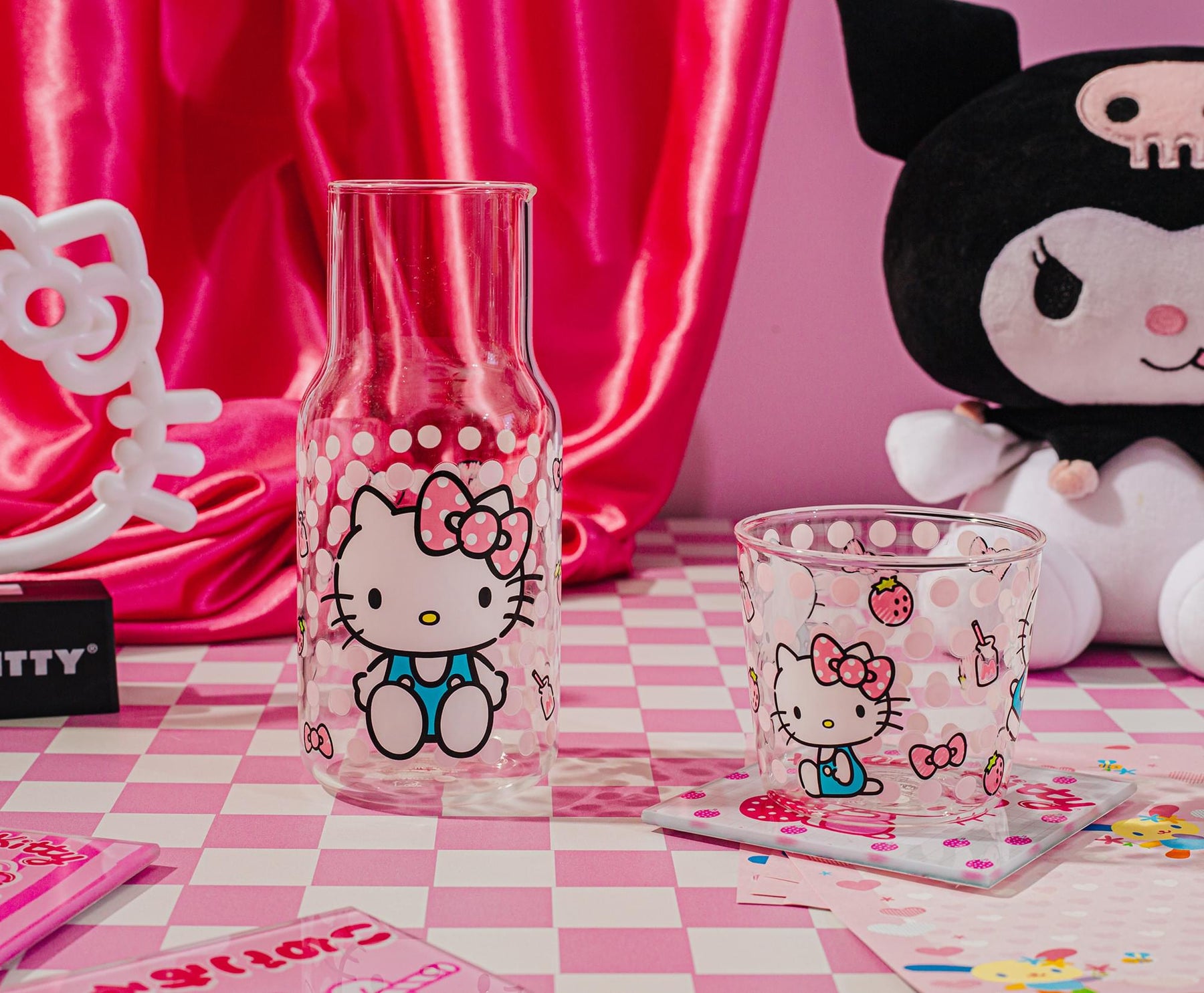 Sanrio Hello Kitty Pink Dots 18-Ounce Glass Pitcher and 8-Ounce Cup