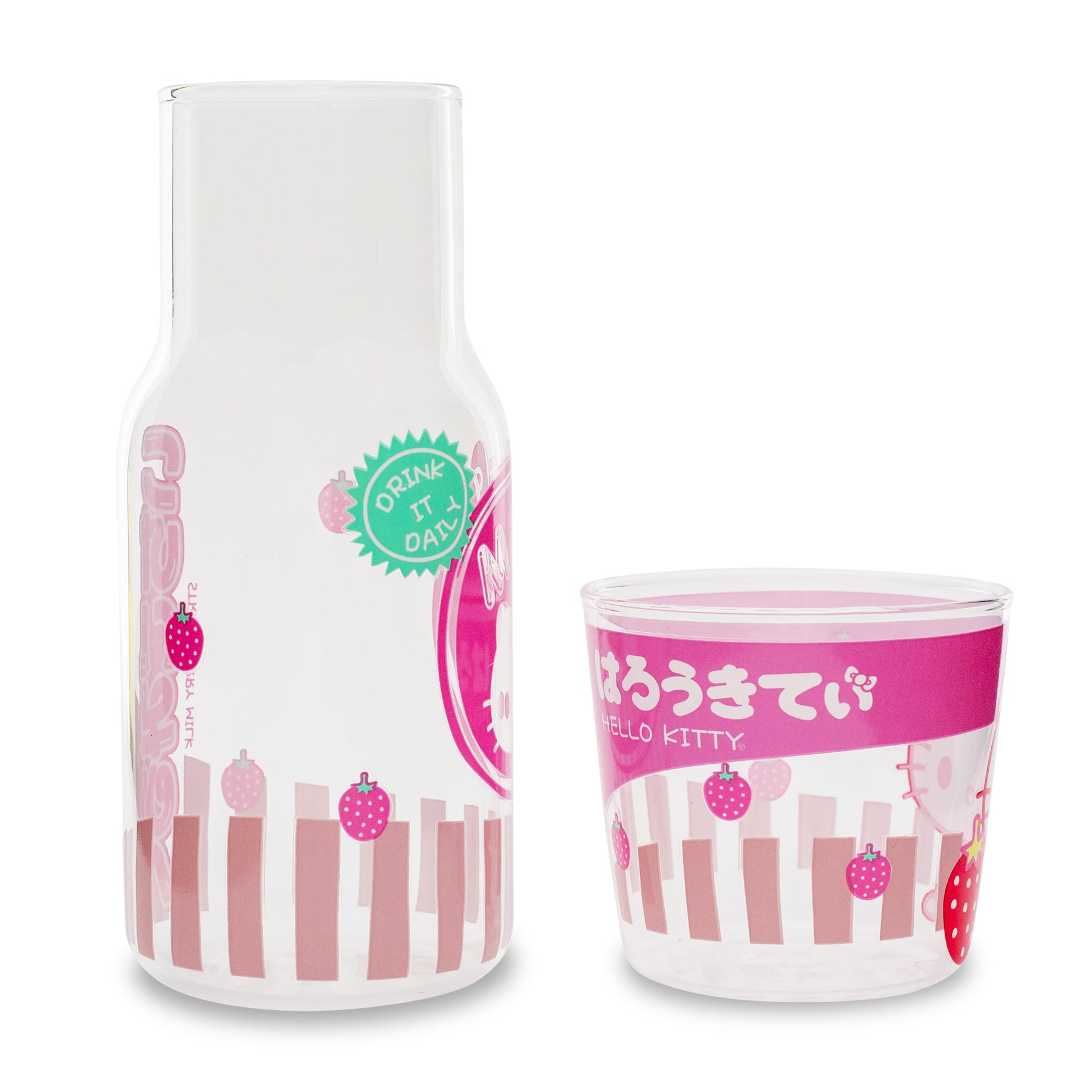 Sanrio Hello Kitty Strawberry Milk 18-Ounce Glass Pitcher and 8-Ounce Cup