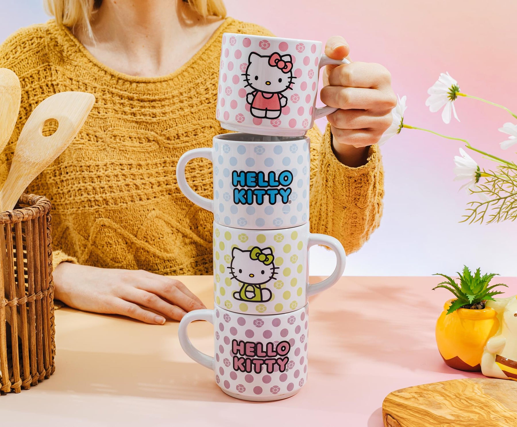 Sanrio Hello Kitty 4-Piece Stacking Mug Set With Wire Rack | Each Hold 10 Ounces
