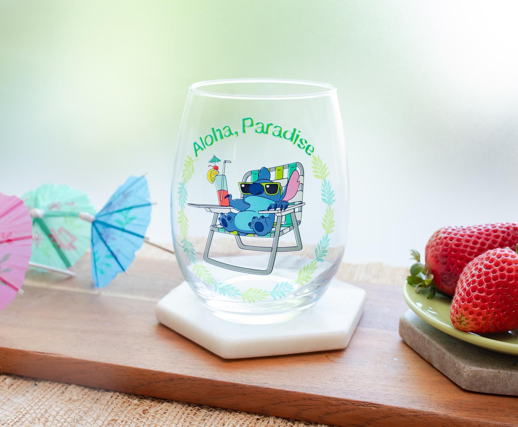 Disney Lilo & Stitch "Aloha, Paradise" Stemless Wine Glass | Holds 20 Ounces