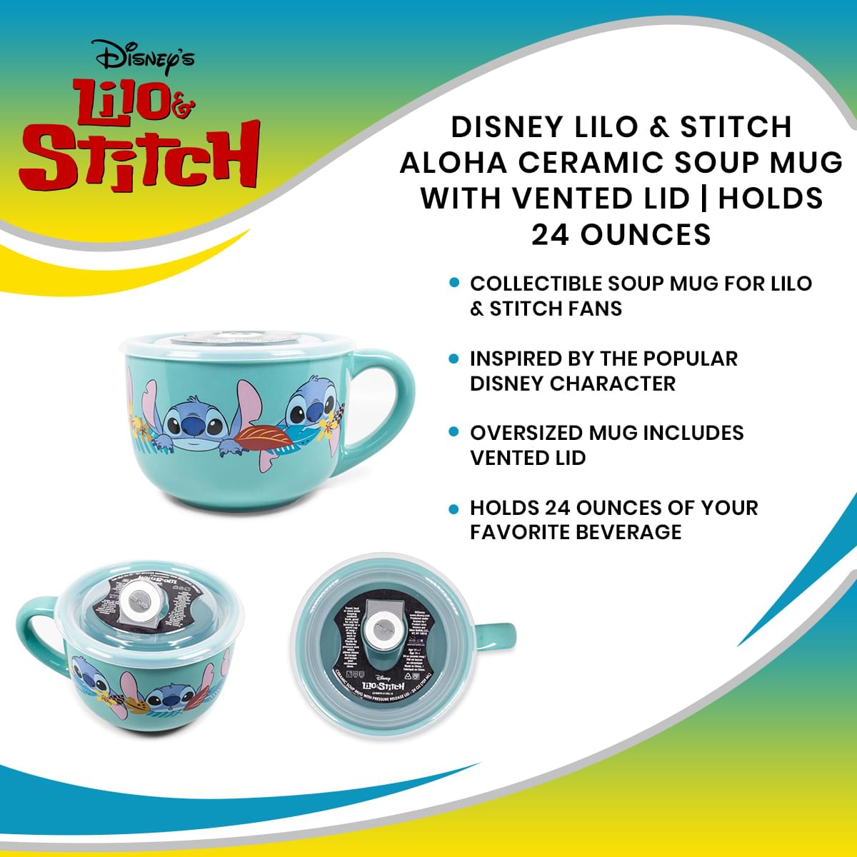 Disney Lilo & Stitch Aloha Ceramic Soup Mug With Vented Lid | Holds 24 Ounces
