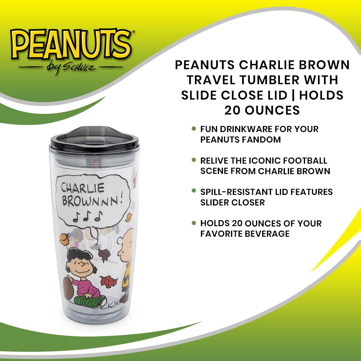 Peanuts Charlie Brown Travel Tumbler with Slide Close Lid | Holds 20 Ounces