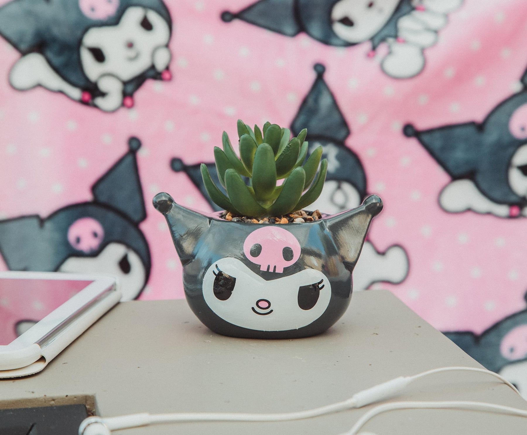 Sanrio Kuromi Smiling Head 3-Inch Ceramic Mini Planter With Artificial Succulent
