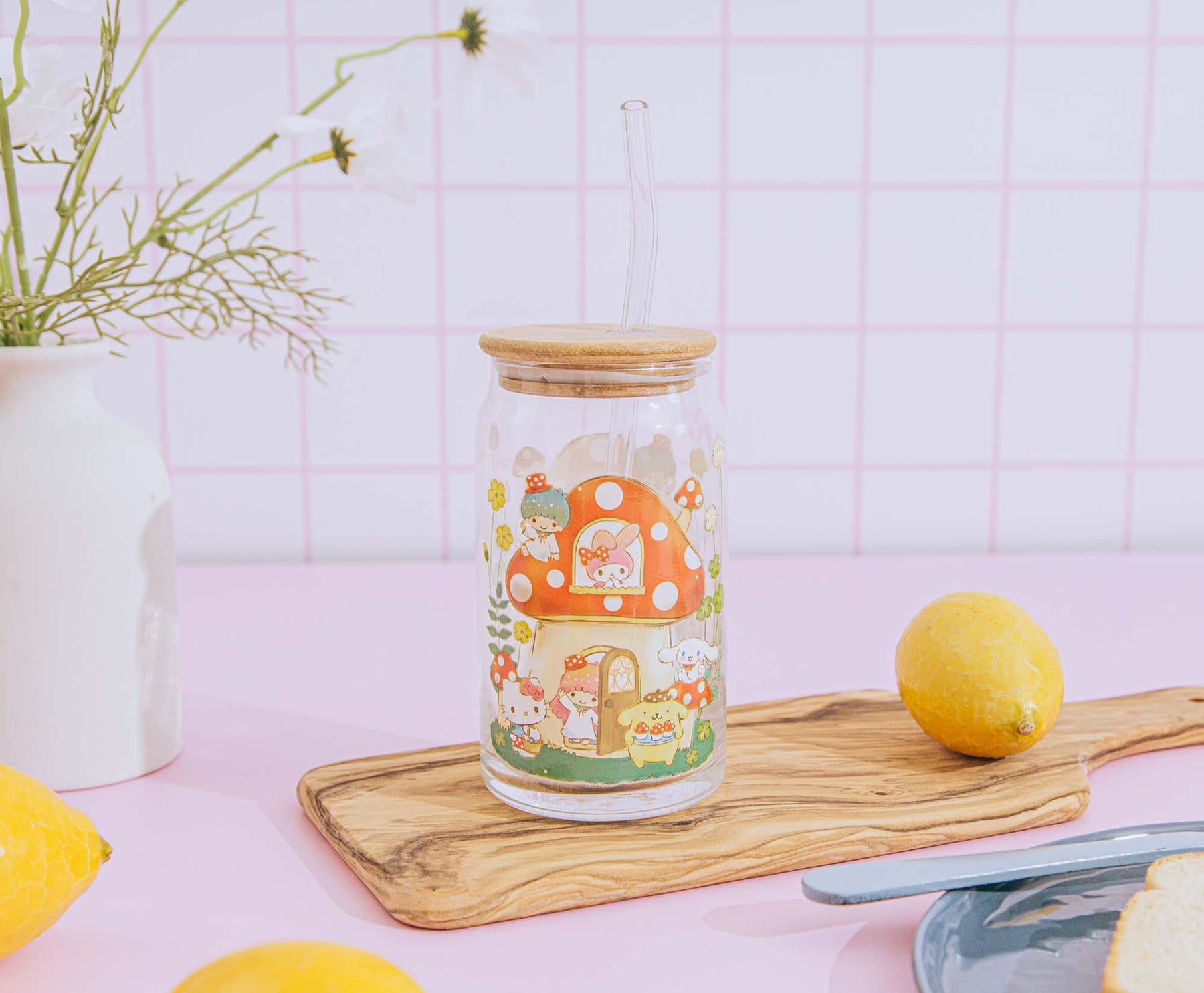 Sanrio Hello Kitty and Friends Mushroom Glass Tumbler With Bamboo Lid and Straw
