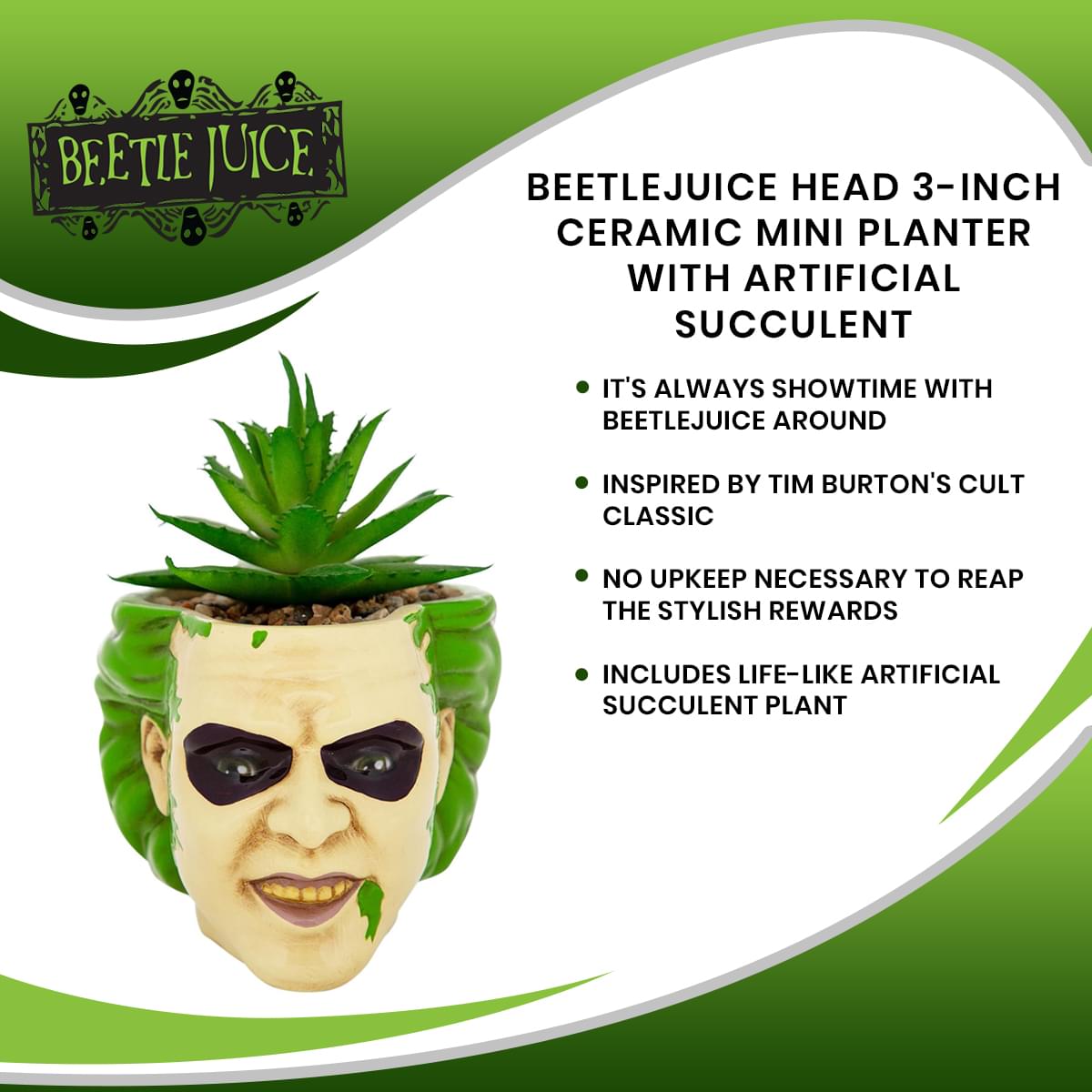 Beetlejuice Head 3-Inch Ceramic Mini Planter with Artificial Succulent