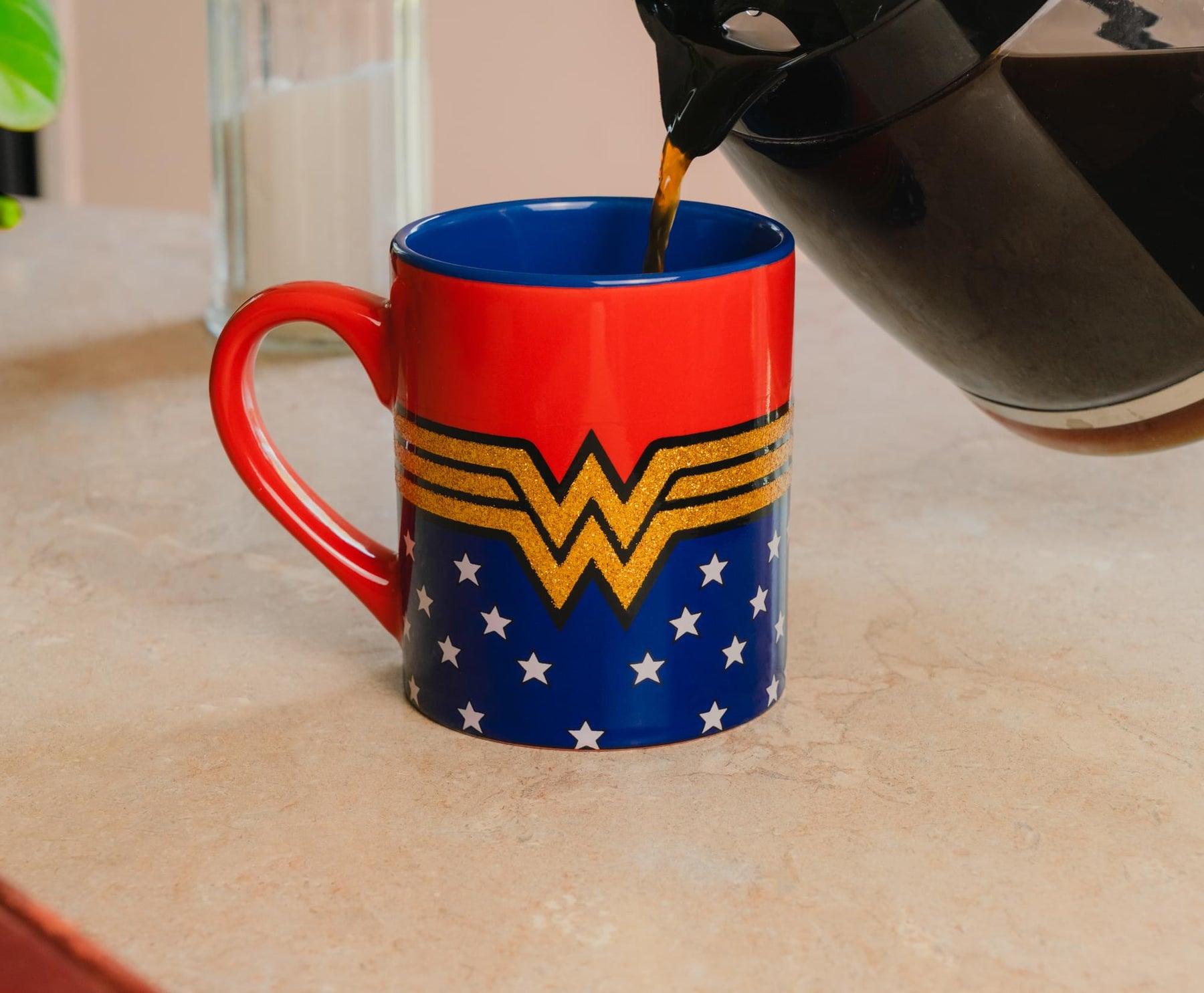 DC Comics Wonder Woman Logo Glitter Ceramic Mug | Holds 14 Ounces