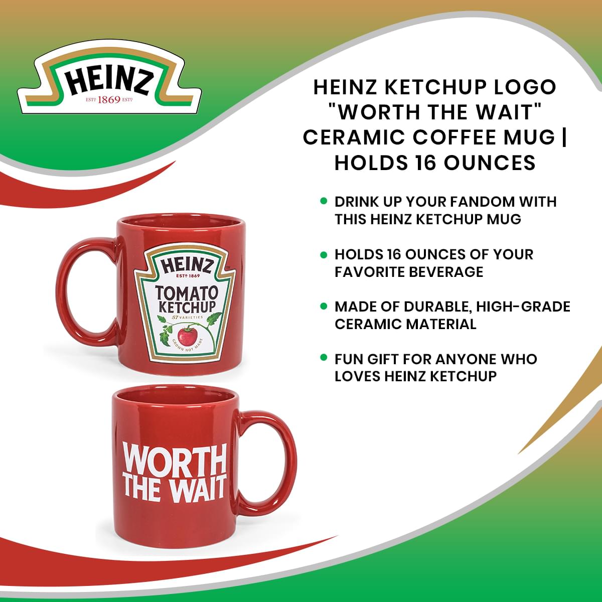 Heinz Ketchup Logo "Worth The Wait" Ceramic Coffee Mug | Holds 16 Ounces
