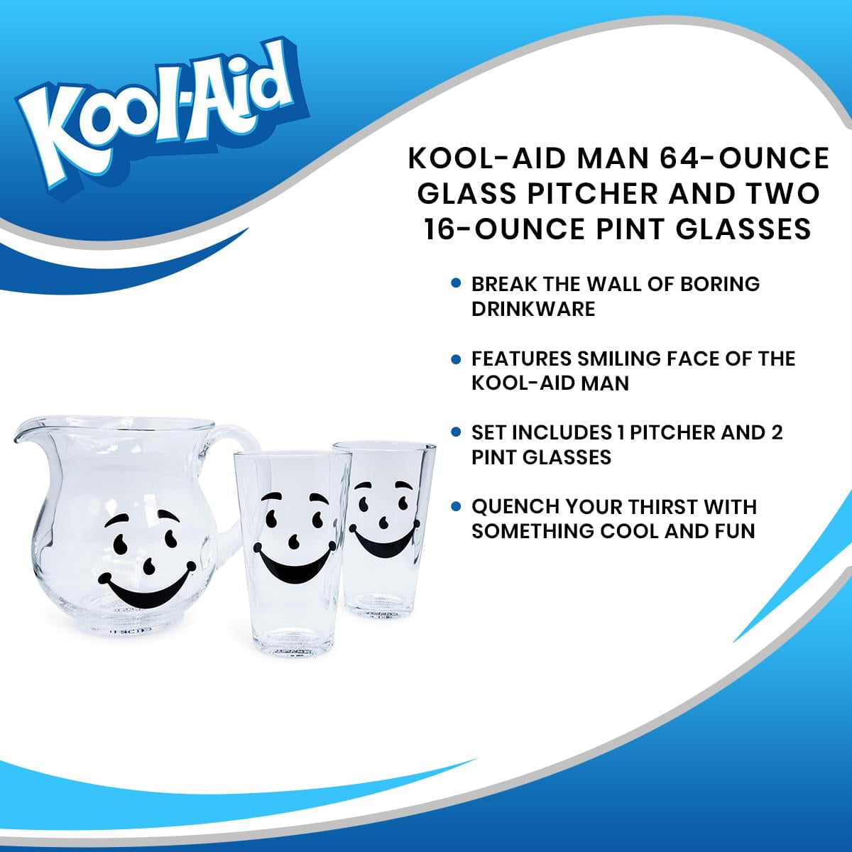 Kool-Aid Man 64-Ounce Glass Pitcher and Two 16-Ounce Pint Glasses