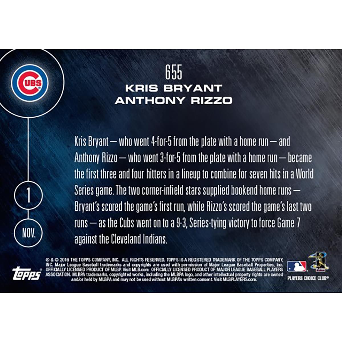 MLB Chicago Cubs Kris Bryant/ Anthony Rizzo #655 2016 Topps NOW Trading Card