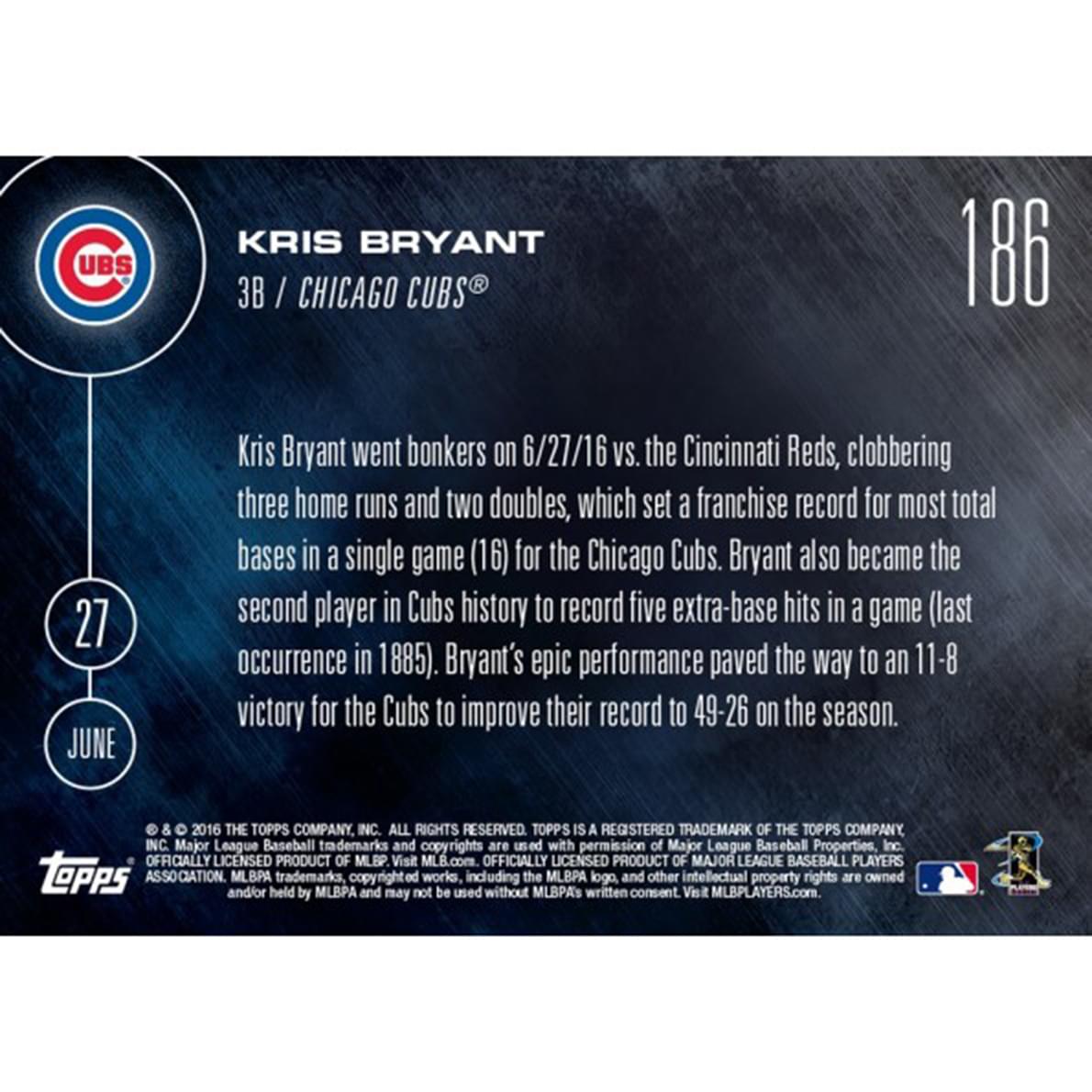 Topps NOW Chicago Cubs Kris Bryant MLB 2016 Card 186 Trading Card