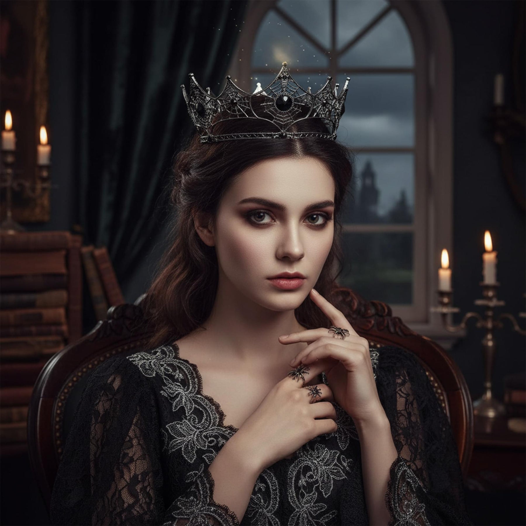 Spider Web Metal Crown With Black Jewels Adult Costume Accessory