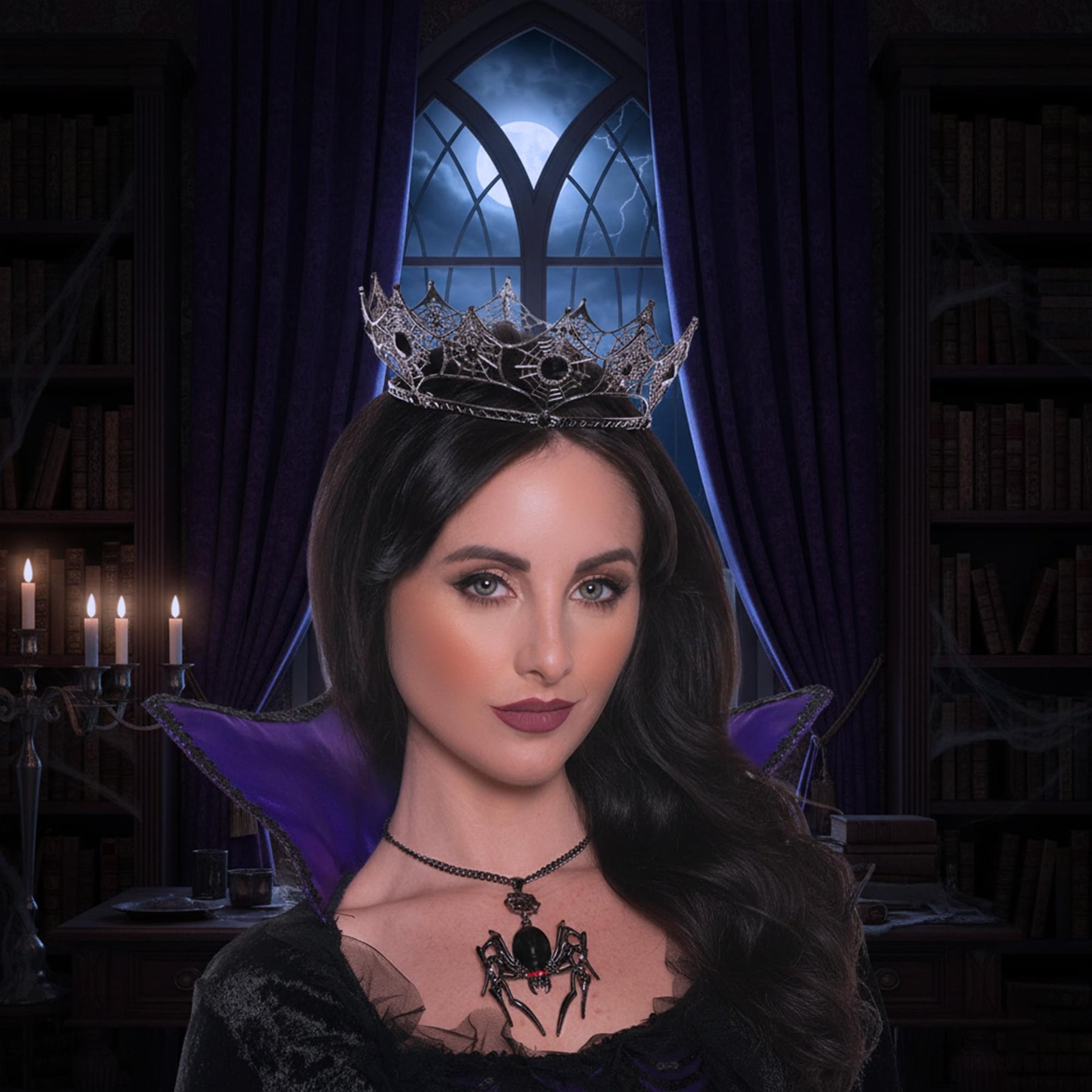 Spider Web Metal Crown With Black Jewels Adult Costume Accessory