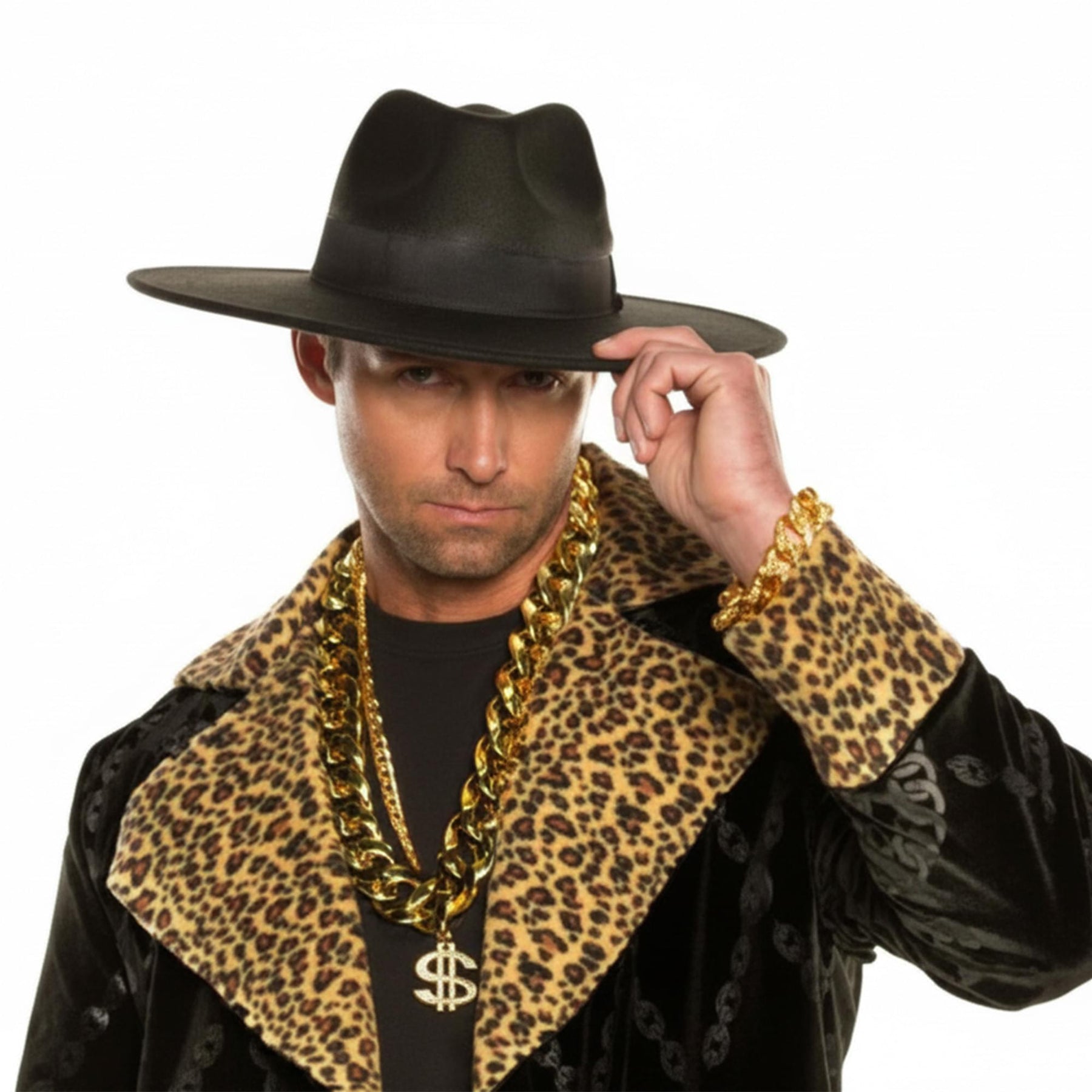 Pimp 4-Piece Adult Costume Accessory Kit | Black Hat & Chains