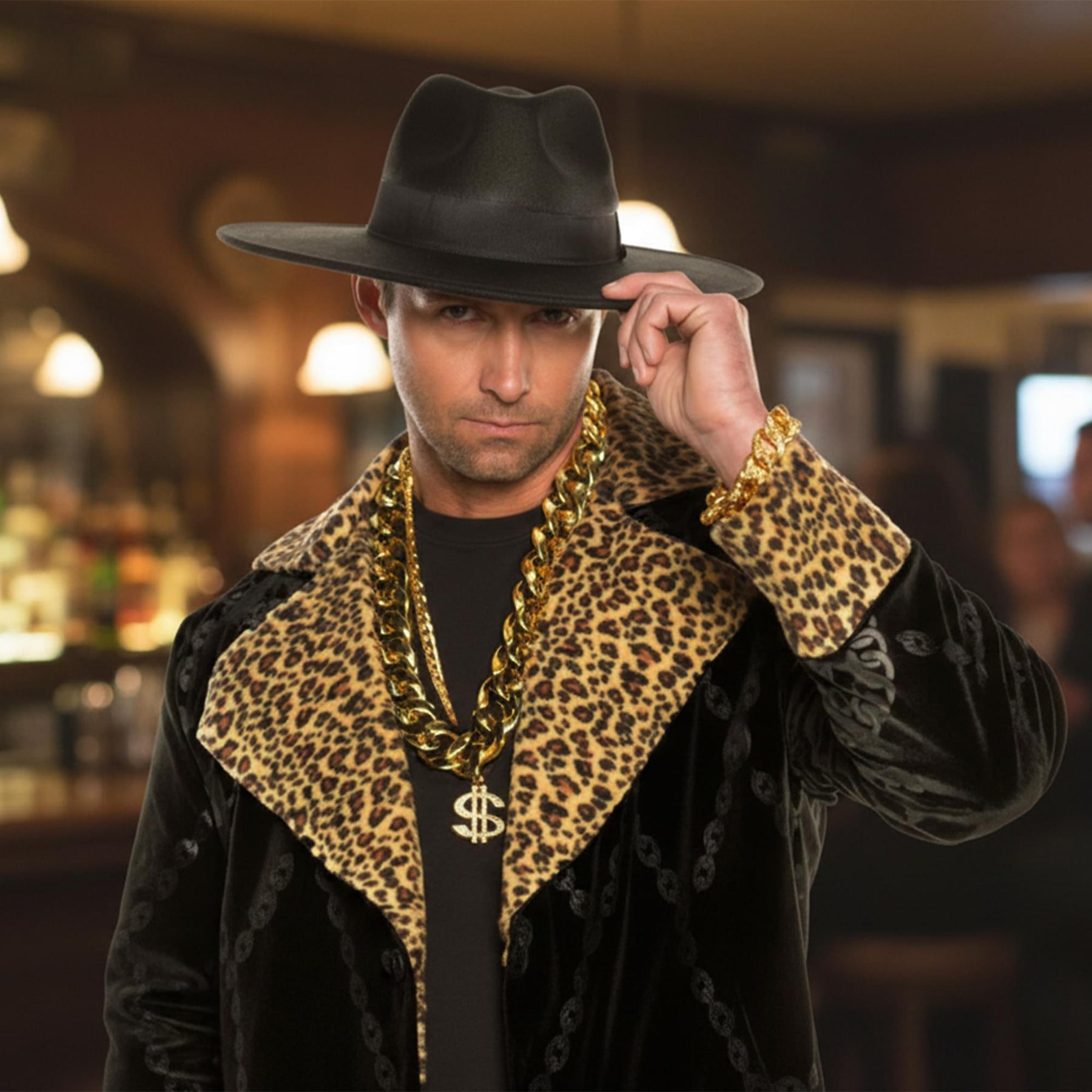 Pimp 4-Piece Adult Costume Accessory Kit | Black Hat & Chains