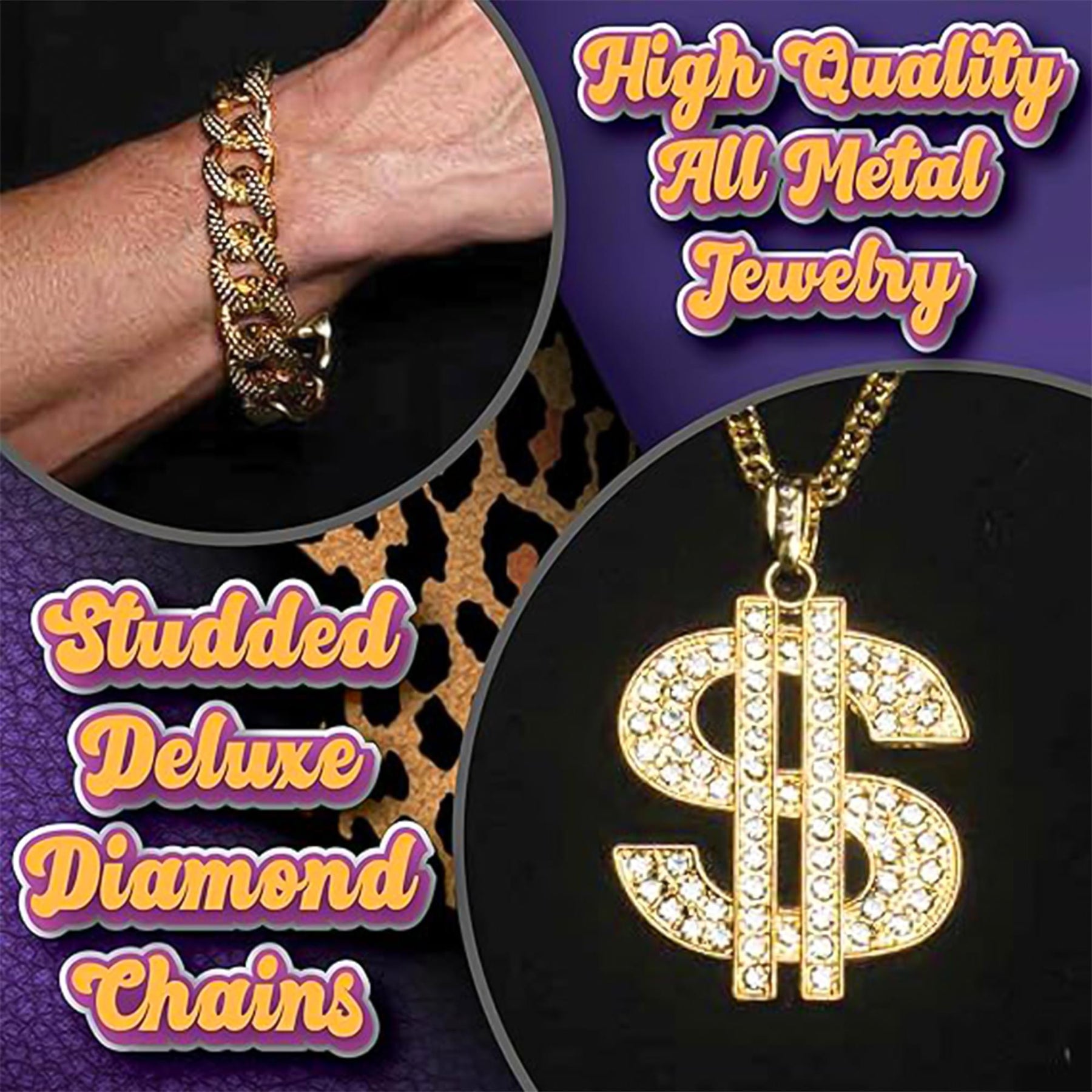 Pimp 4-Piece Adult Costume Accessory Kit | Black Hat & Chains