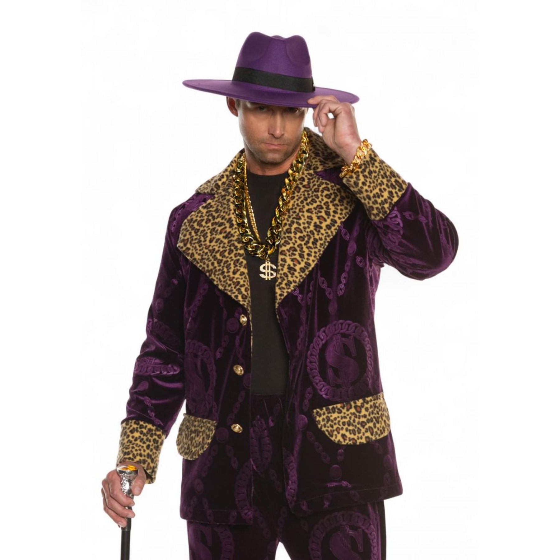 Pimp 4-Piece Adult Costume Accessory Kit | Purple Hat & Chains