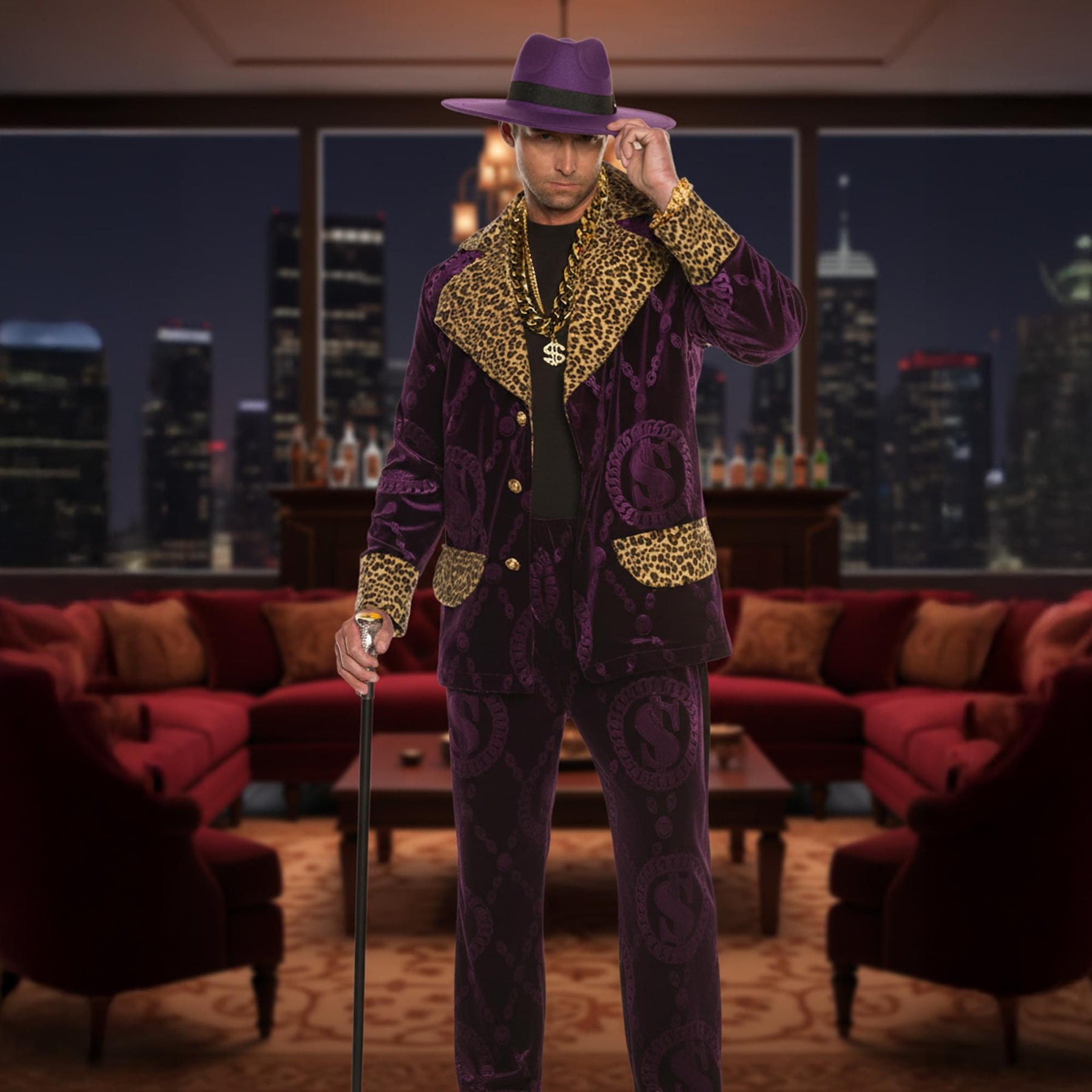 Pimp 4-Piece Adult Costume Accessory Kit | Purple Hat & Chains