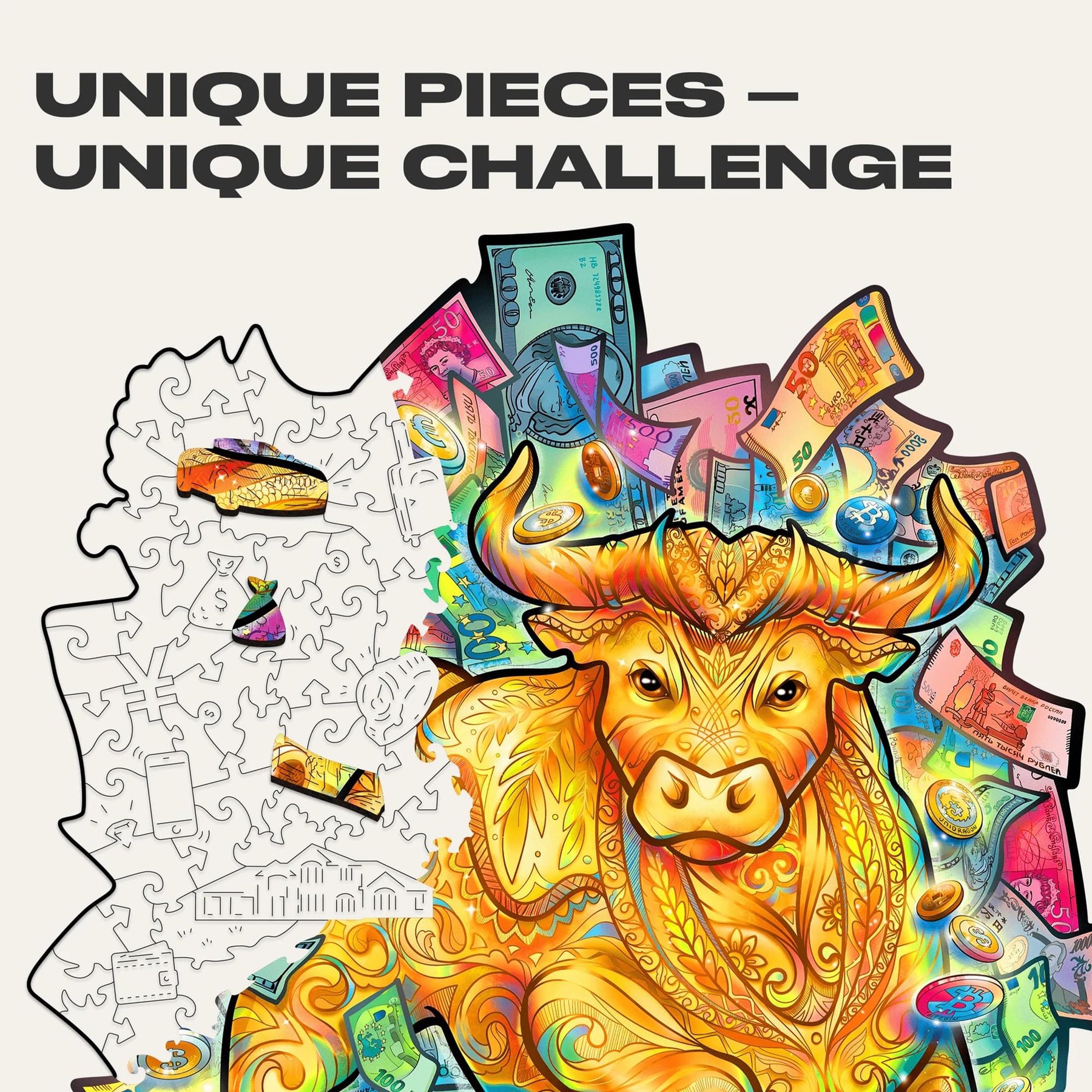 Prosperous Bull 102 Piece Shaped Wooden Jigsaw Puzzle