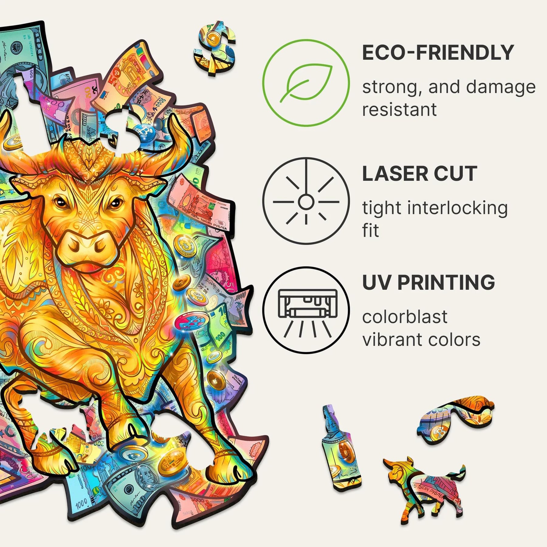 Prosperous Bull 102 Piece Shaped Wooden Jigsaw Puzzle