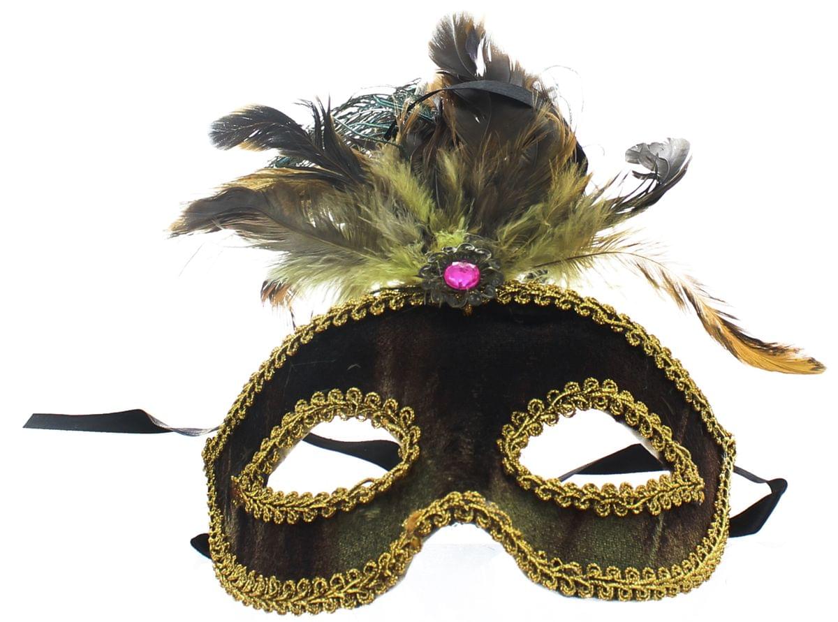 Safari Eye Venetian Mardi Gras Mask w/ Peacock Feathers: Brown