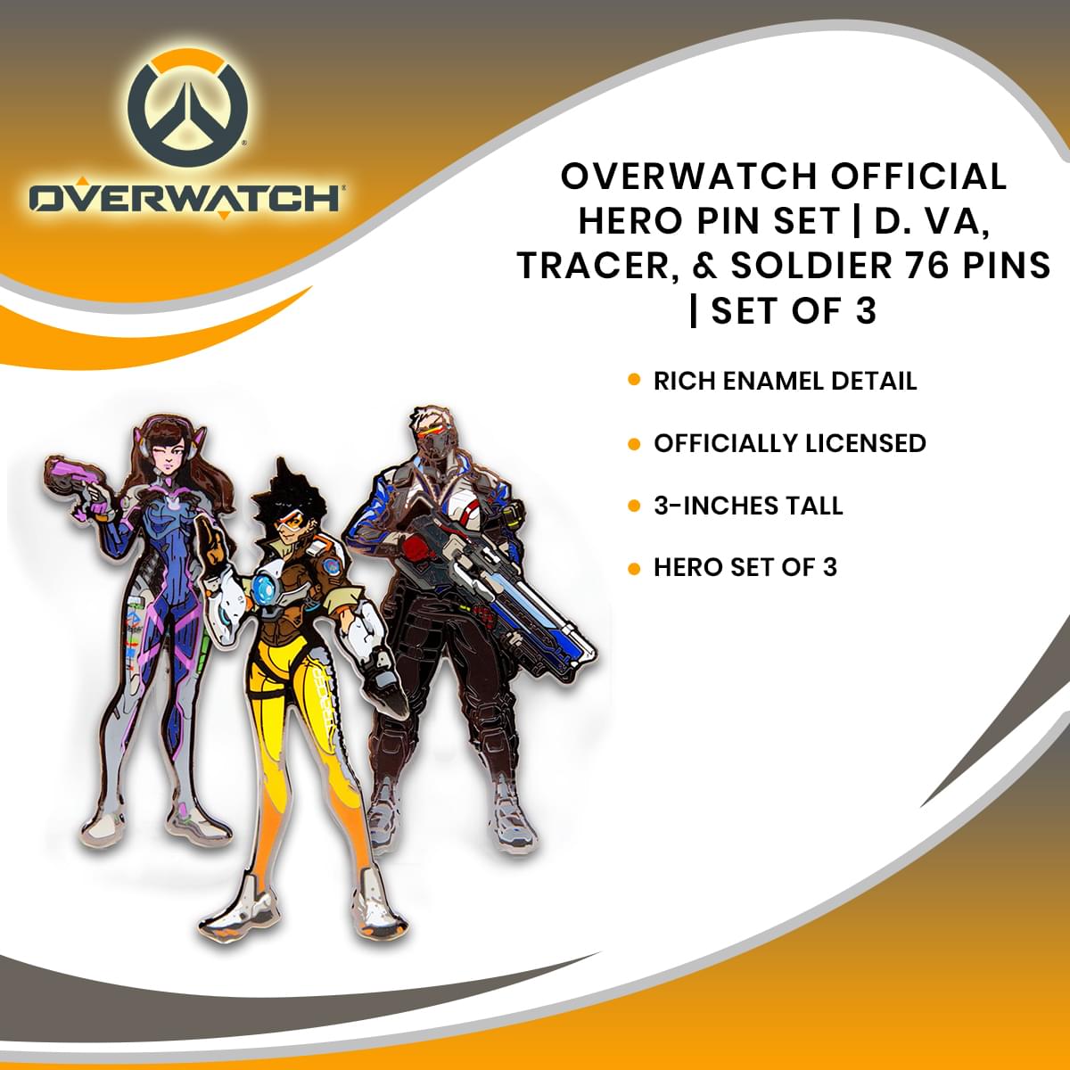 Overwatch Official Hero Pin Set | D. Va, Tracer, & Soldier 76 Pins | Set of 3
