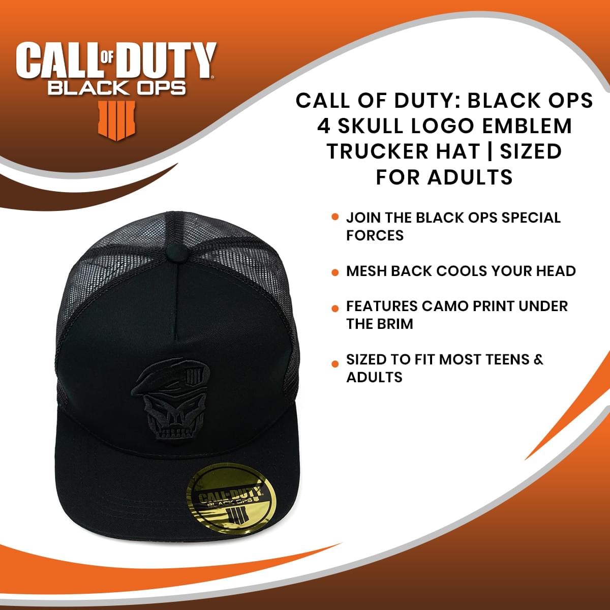 Call Of Duty: Black Ops 4 Skull Logo Emblem Trucker Hat | Sized For Adults