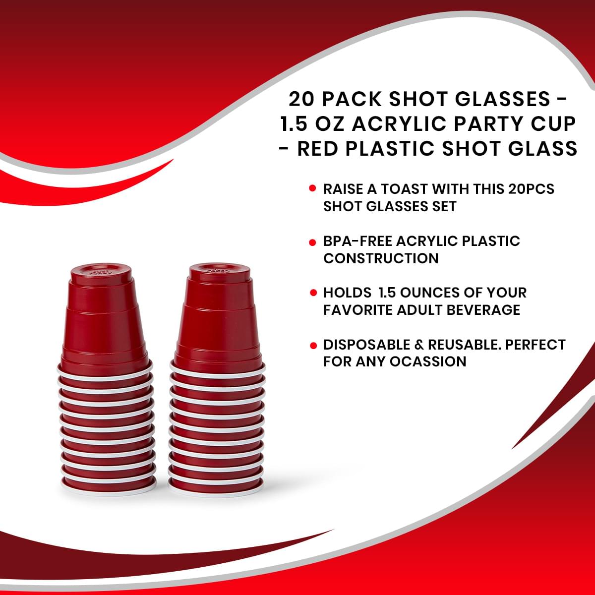 20 Pack Shot Glasses - 1.5 oz Acrylic Party Cup - Red Plastic Shot Glass