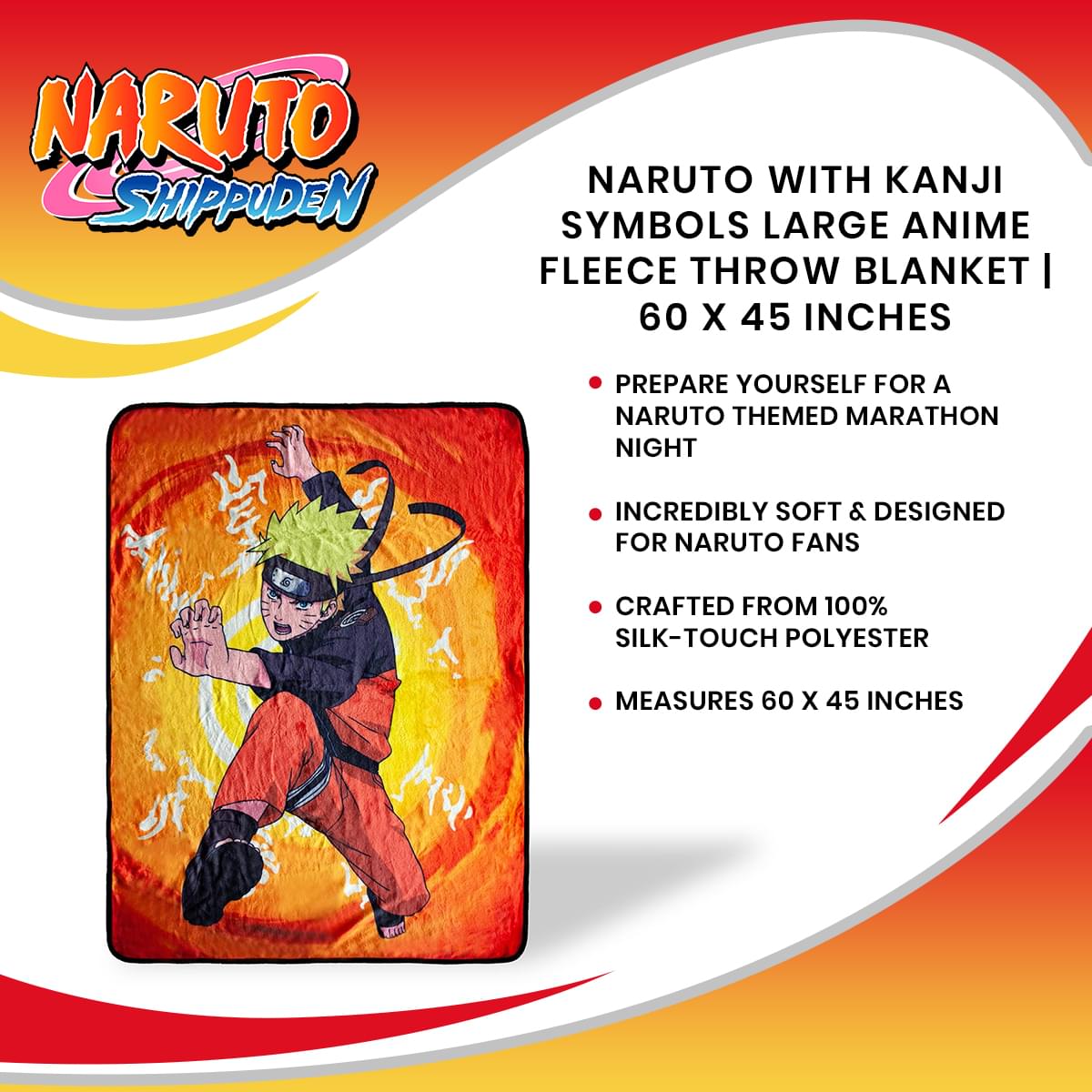 Naruto With Kanji Symbols Large Anime Fleece Throw Blanket | 60 x 45 Inches