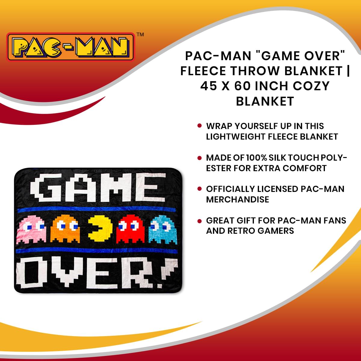 PAC-MAN "Game Over" Fleece Throw Blanket | 45 x 60 Inch Cozy Blanket