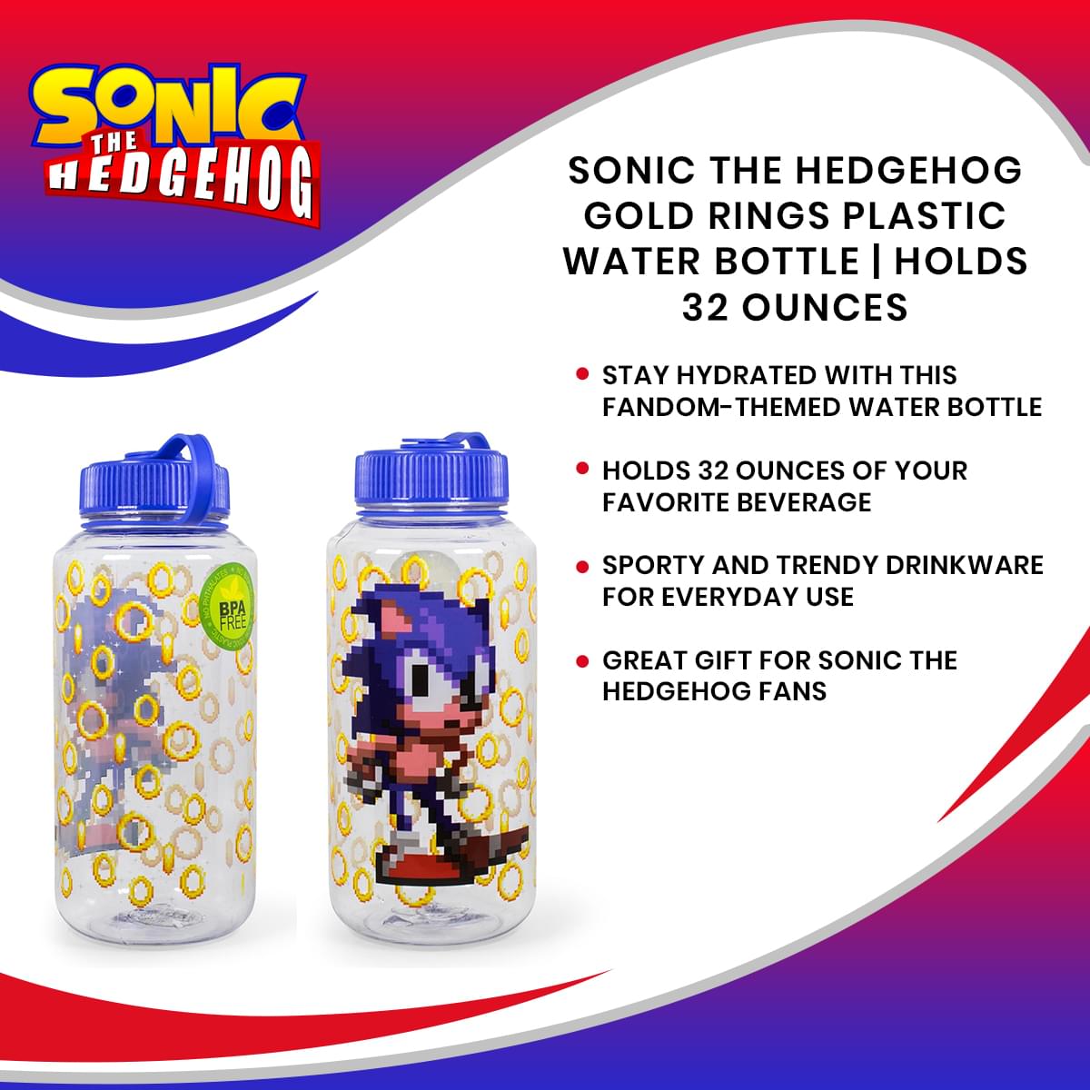 Sonic The Hedgehog Gold Rings Plastic Water Bottle | Holds 32 Ounces