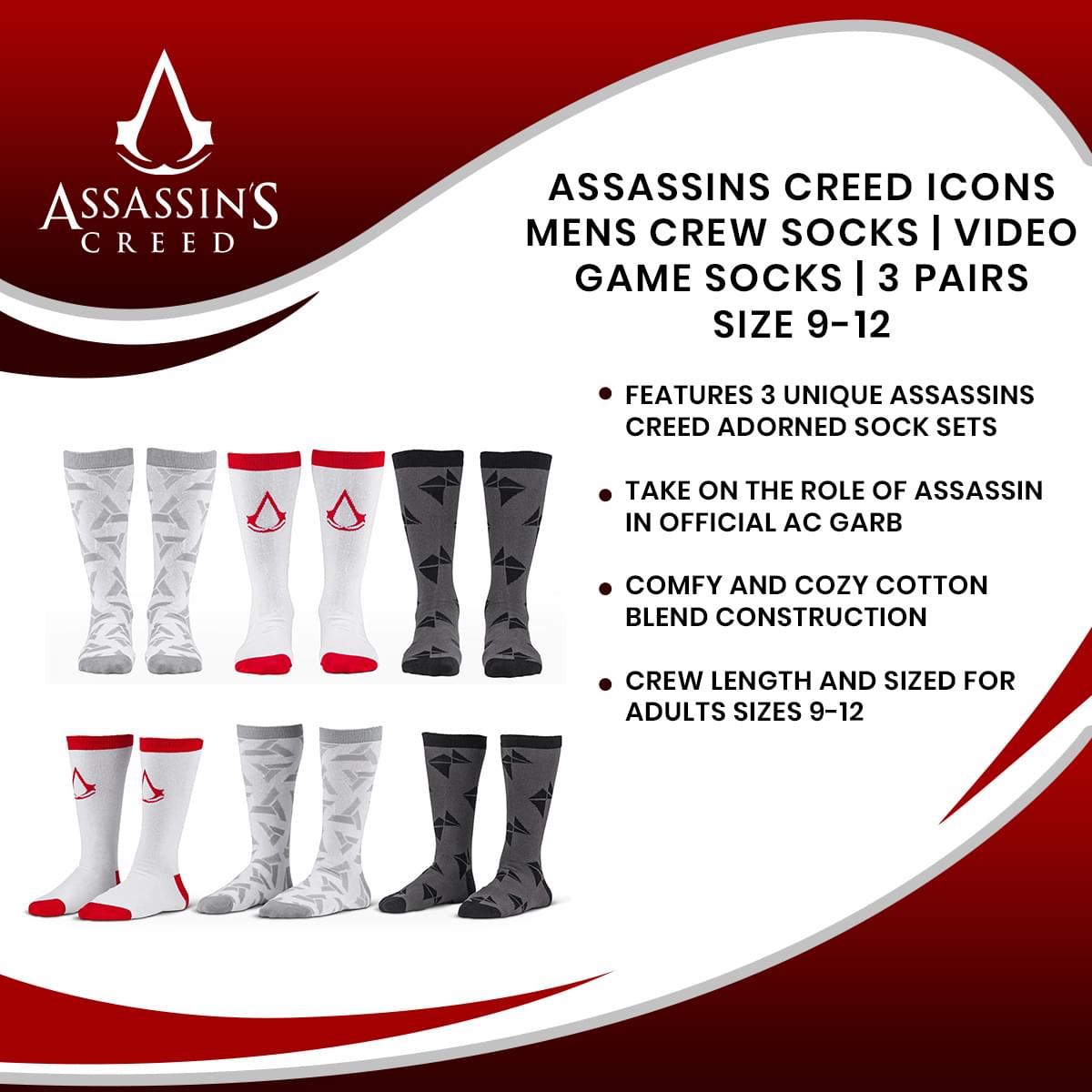 Assassins Creed Icons Mens Crew Socks | Video Game Socks | 3 Pairs Size 9-12