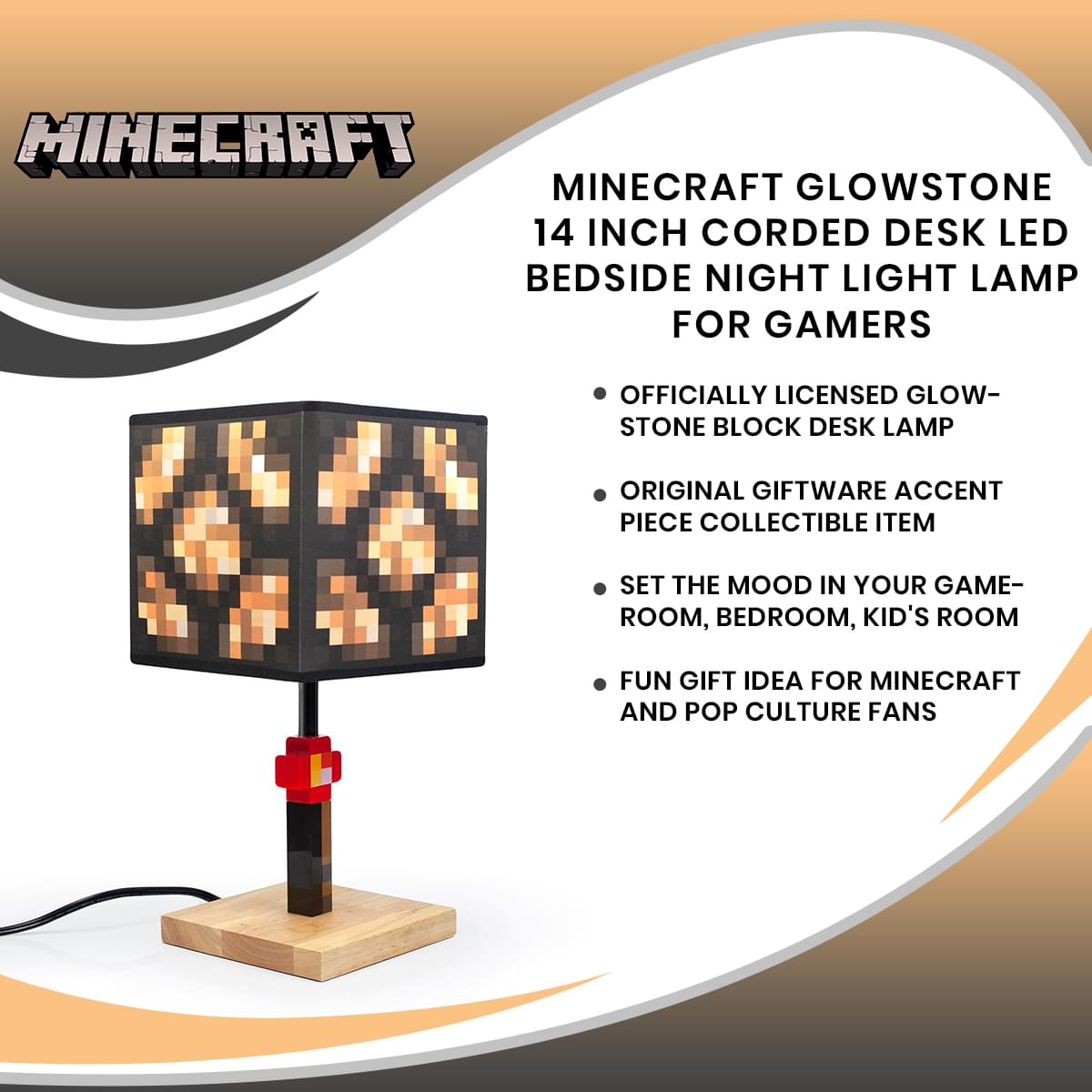 Minecraft Glowstone 14 Inch Corded Desk LED Bedside Night Light Lamp for Gamers