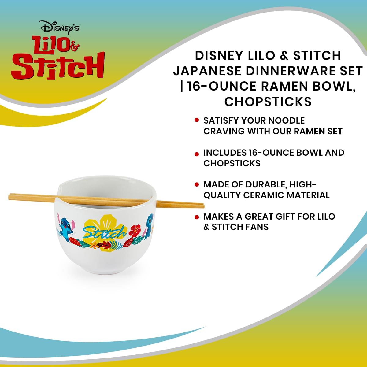 Disney Lilo & Stitch Japanese Dinnerware Set | 16-Ounce Ramen Bowl, Chopsticks