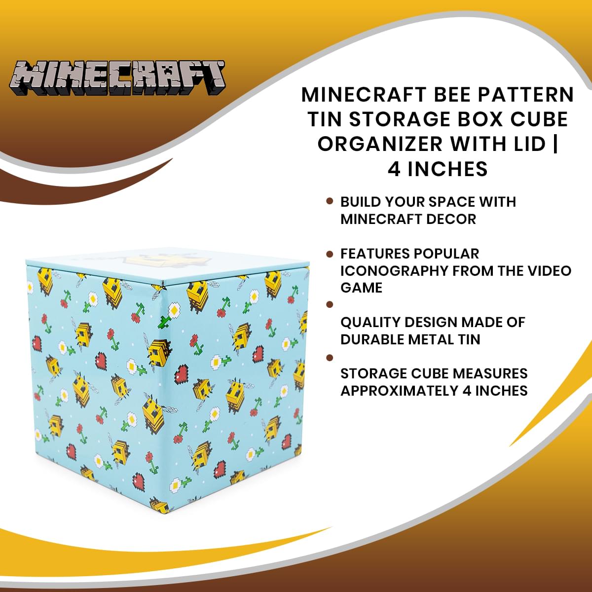 Minecraft Bee Pattern Tin Storage Box Cube Organizer with Lid | 4 Inches