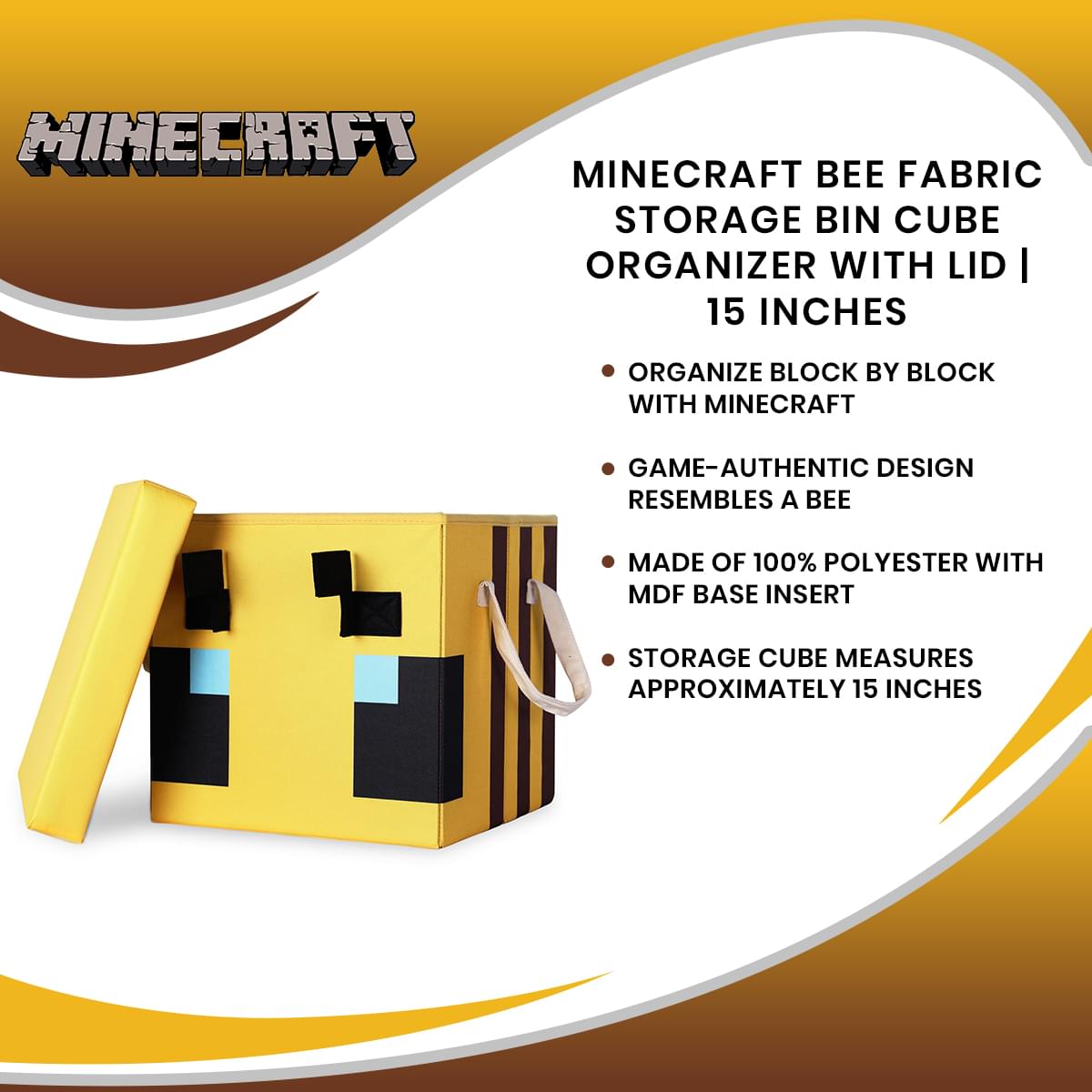 Minecraft Bee Fabric Storage Bin Cube Organizer with Lid | 15 Inches
