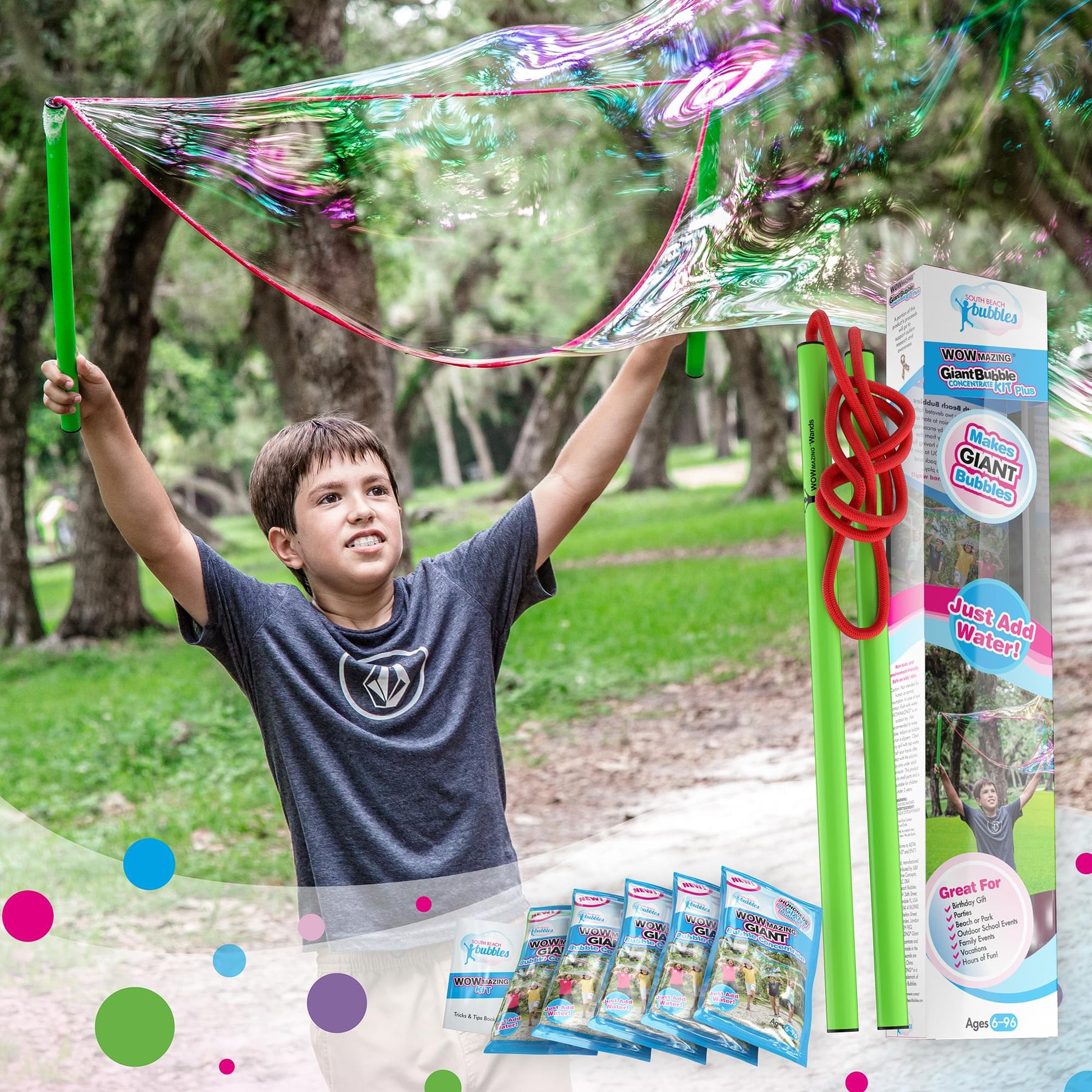 WOWmazing Giant Bubbles Kit Plus | Wand + 5 Packets Bubble Concentrate + Booklet