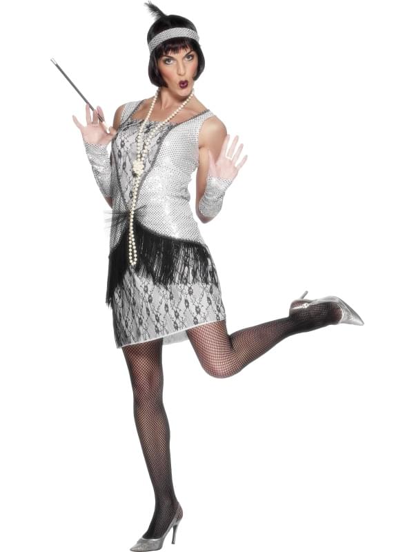 1920s flapper dress silver Black, Silver + Blue Fringed 1920s Flapper Dress