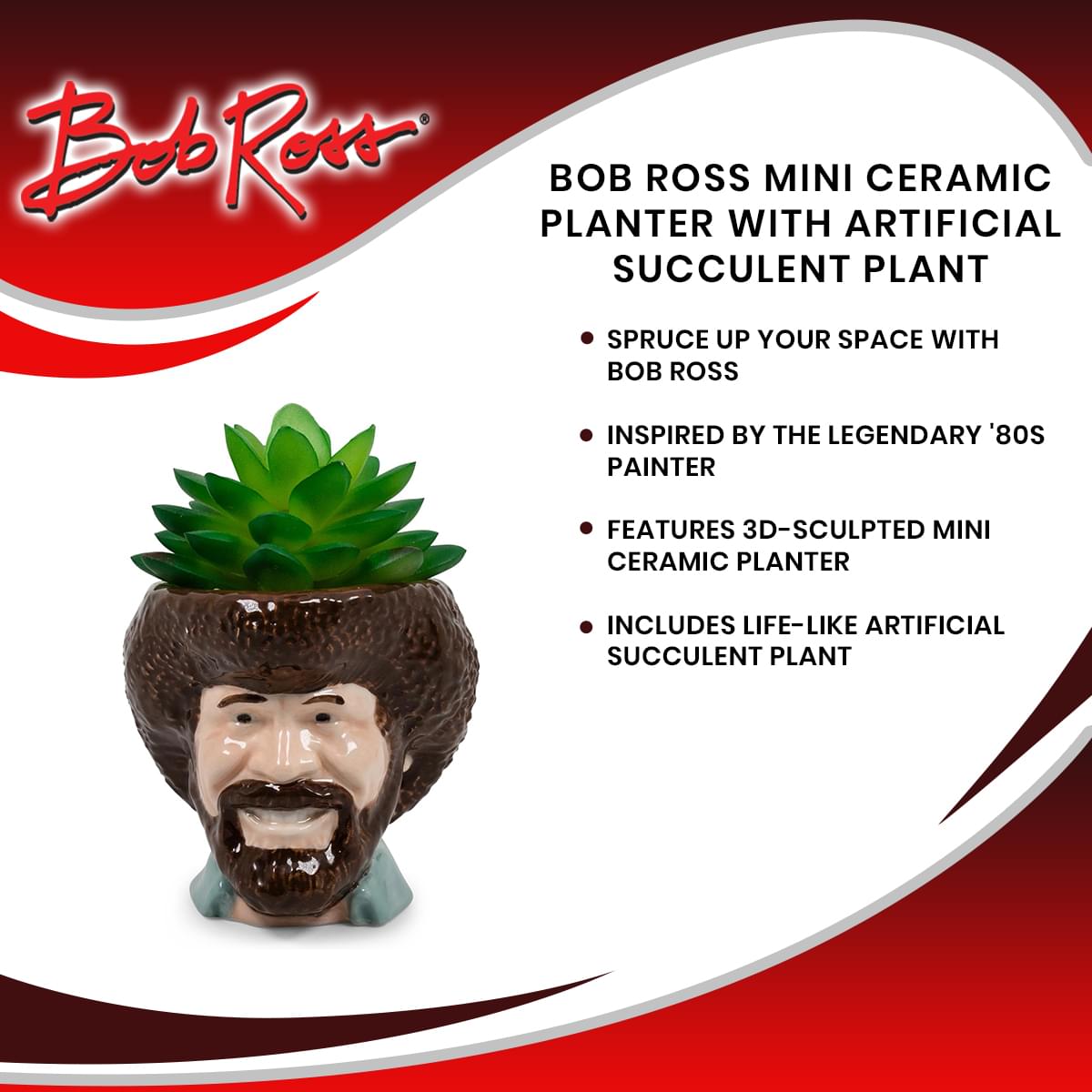 Bob Ross Mini Ceramic Planter with Artificial Succulent Plant