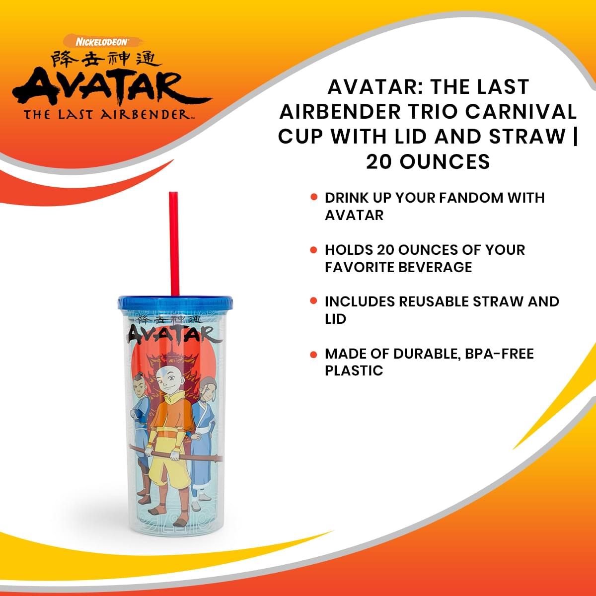 Avatar: The Last Airbender Trio Carnival Cup With Lid And Straw | 20 Ounces
