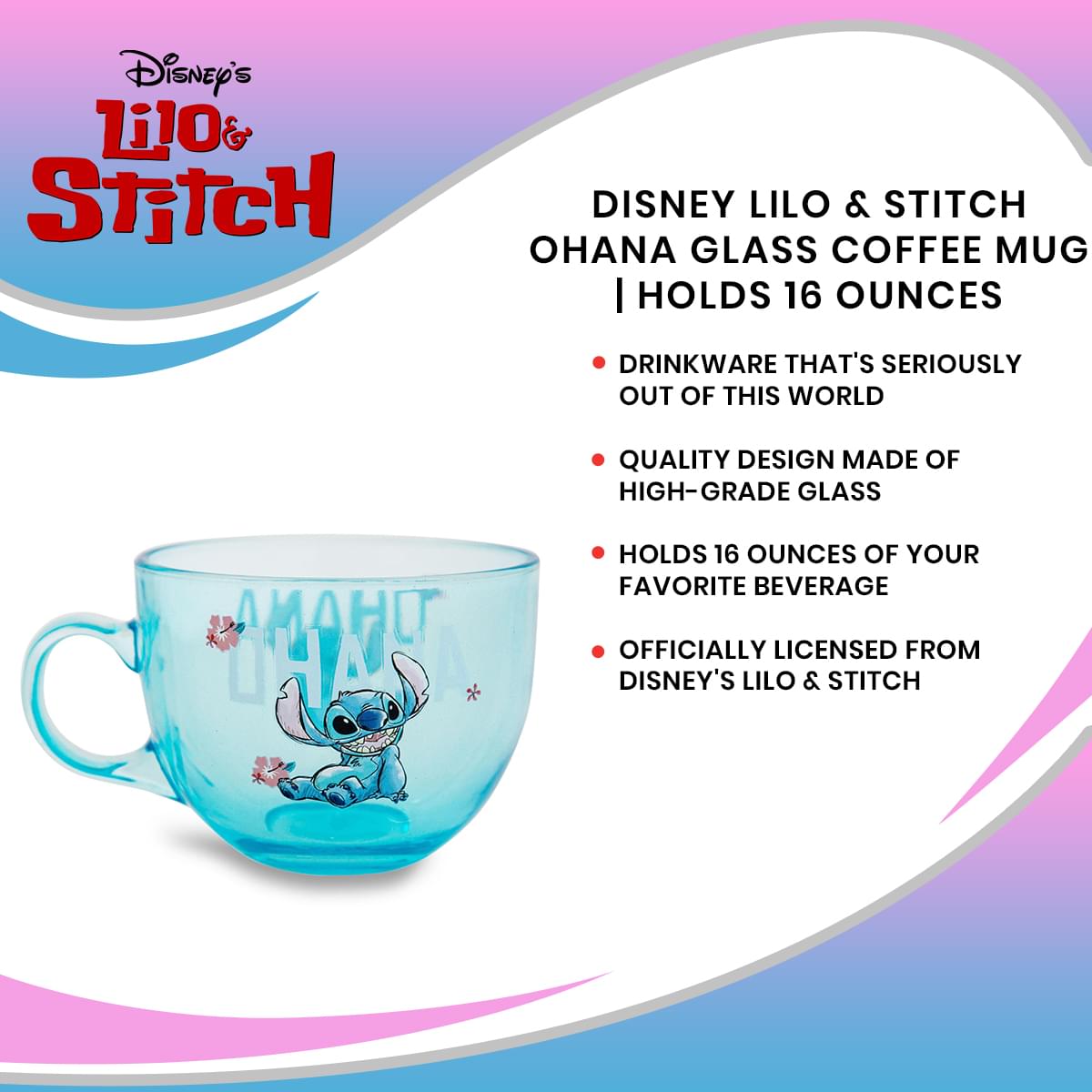 Disney Lilo & Stitch Ohana Glass Coffee Mug | Holds 16 Ounces