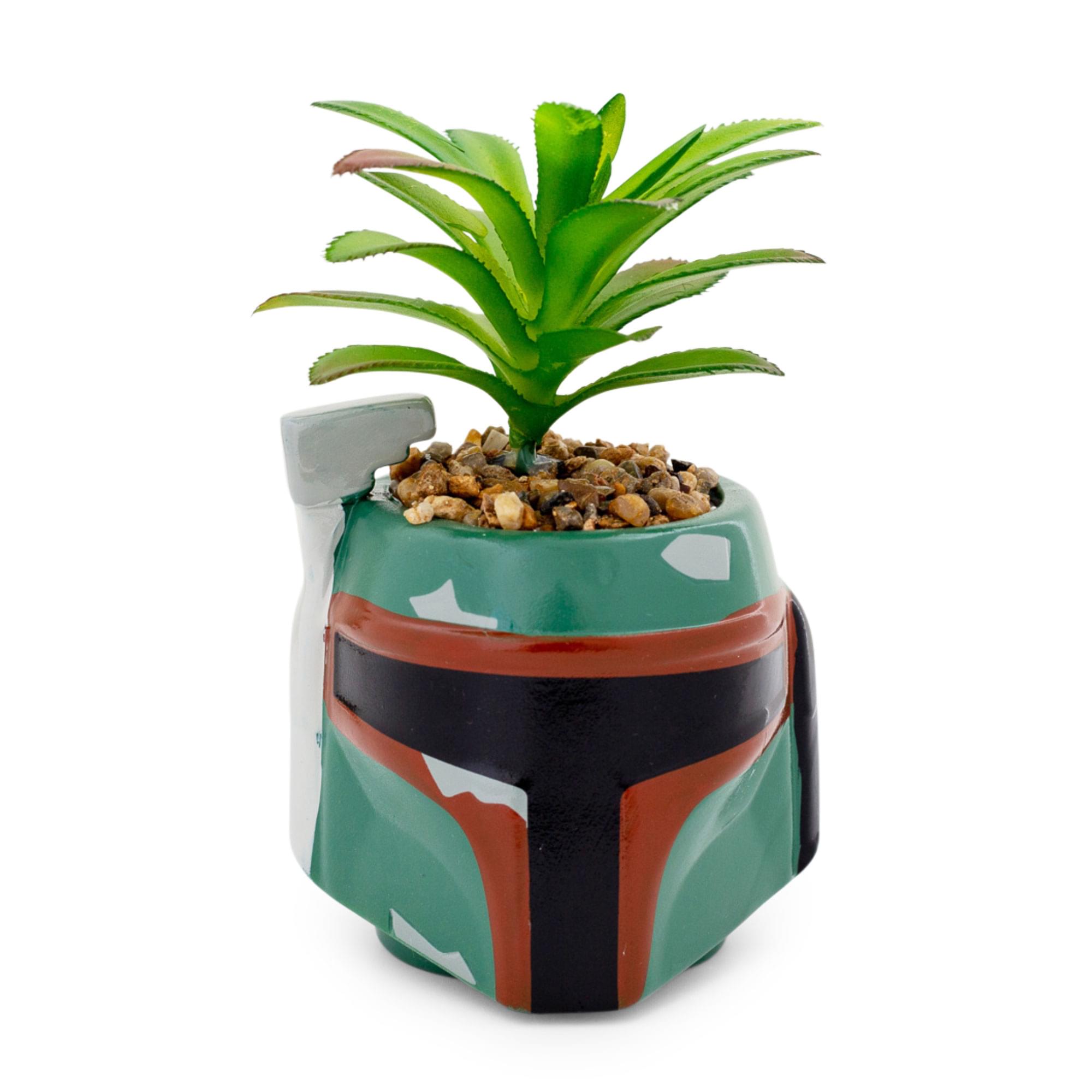 Star Wars Boba Fett Helmet 3" Ceramic Mini Planter With Artificial Succulent
