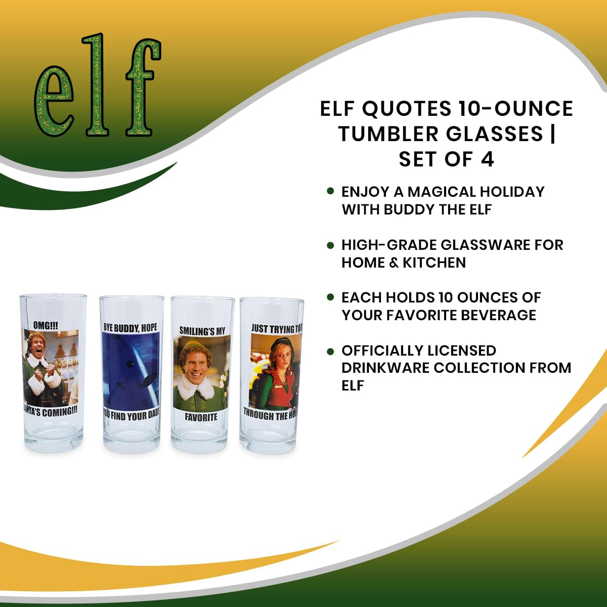 Elf Quotes 10-Ounce Tumbler Glasses | Set of 4
