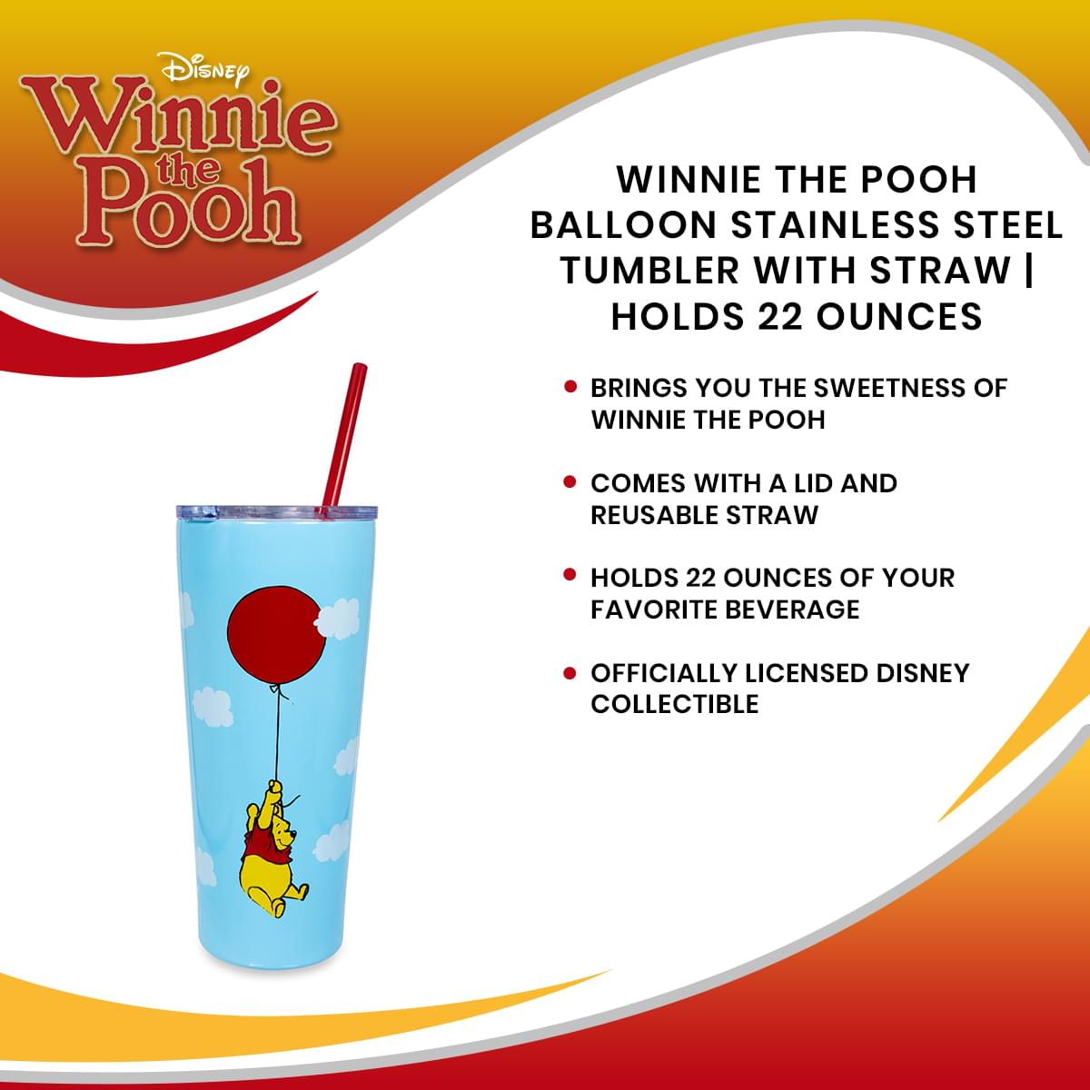 Winnie the Pooh Balloon Stainless Steel Tumbler With Straw | Holds 22 Ounces