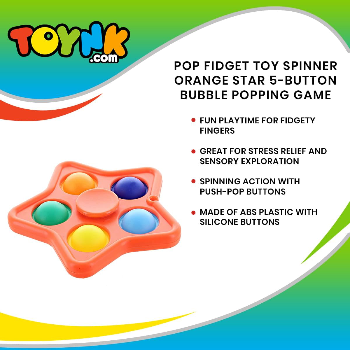 Pop Fidget Toy Spinner Orange Star 5-Button Bubble Popping Game