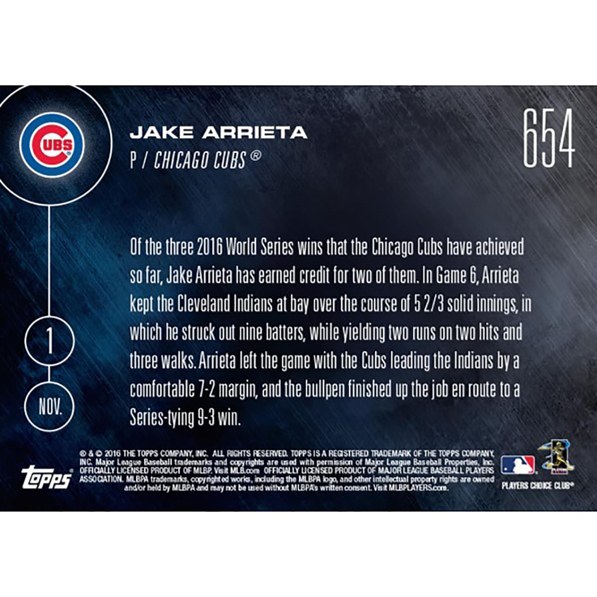 MLB Chicago Cubs Jake Arrieta #654 2016 Topps NOW Trading Card